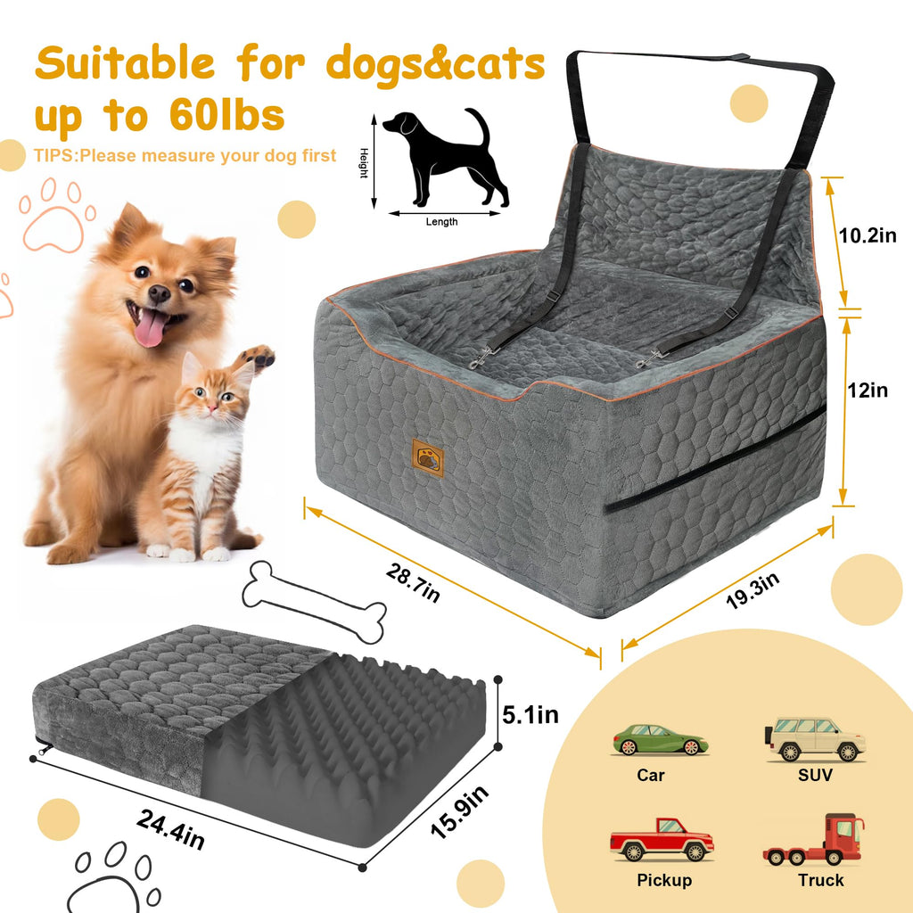 melafa365 Dog Car Seat for Medium/Large Dogs — Booster Seat with Thick Cushion (Gray)
