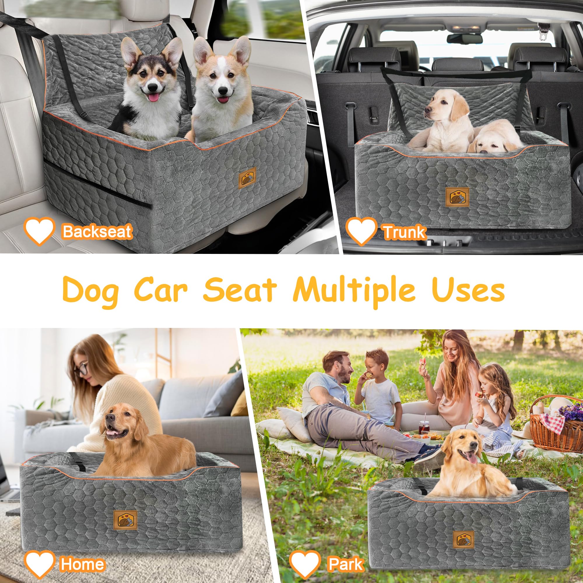 melafa365 Dog Car Seat for Medium/Large Dogs — Booster Seat with Thick Cushion (Gray)