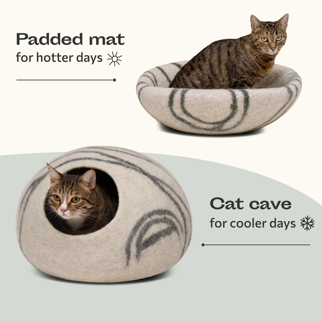 MEOWFIA Cat Cave – Premium Merino Wool Felt Cat Bed (Light Grey, Medium)