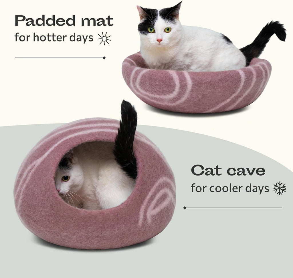 MEOWFIA Cat Cave – Premium 100% Merino Wool Felt Cat Bed for Indoor Cats | Gold Rose Large