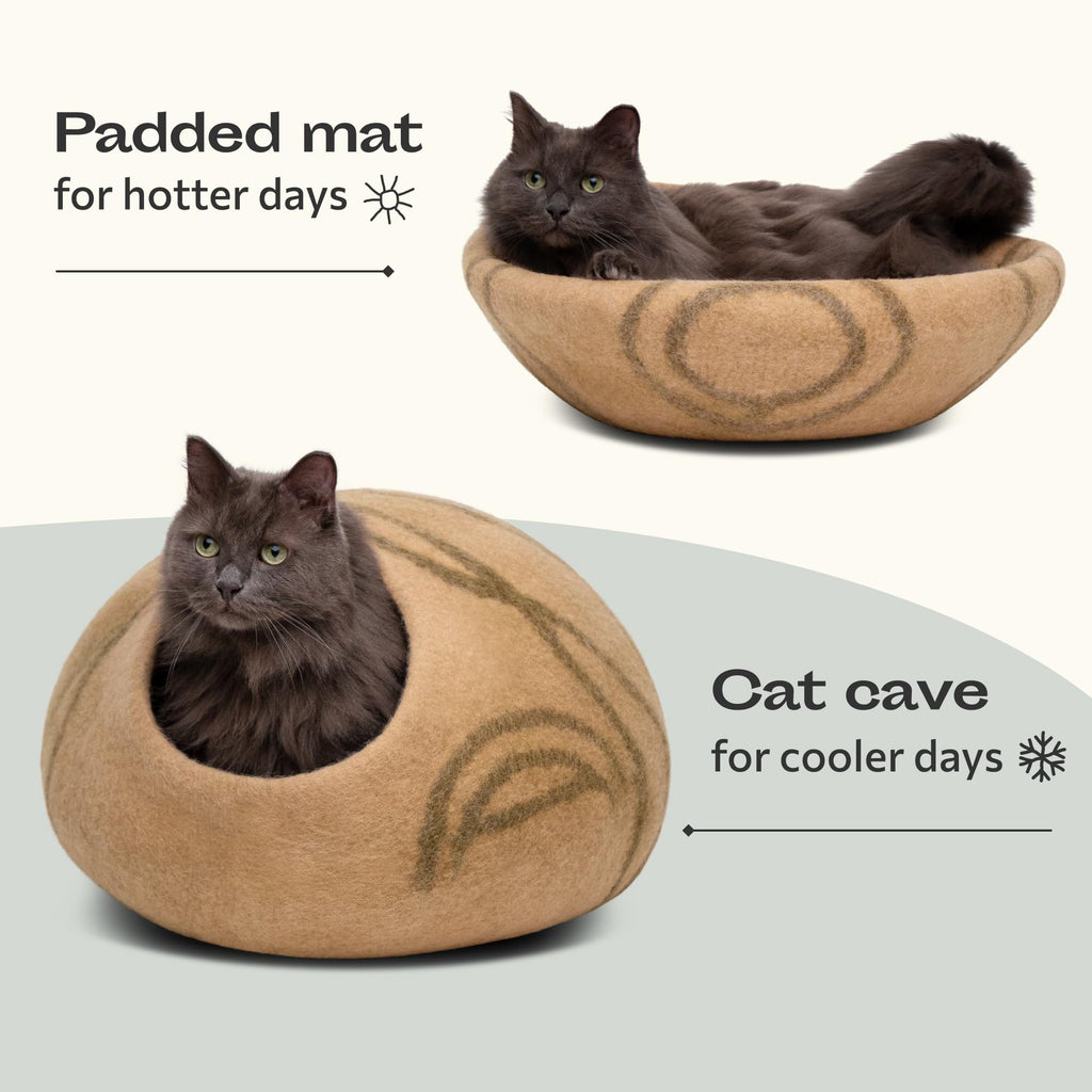 MEOWFIA Cat Cave – Premium 100% Merino Wool Cat Bed (Beige, Medium)