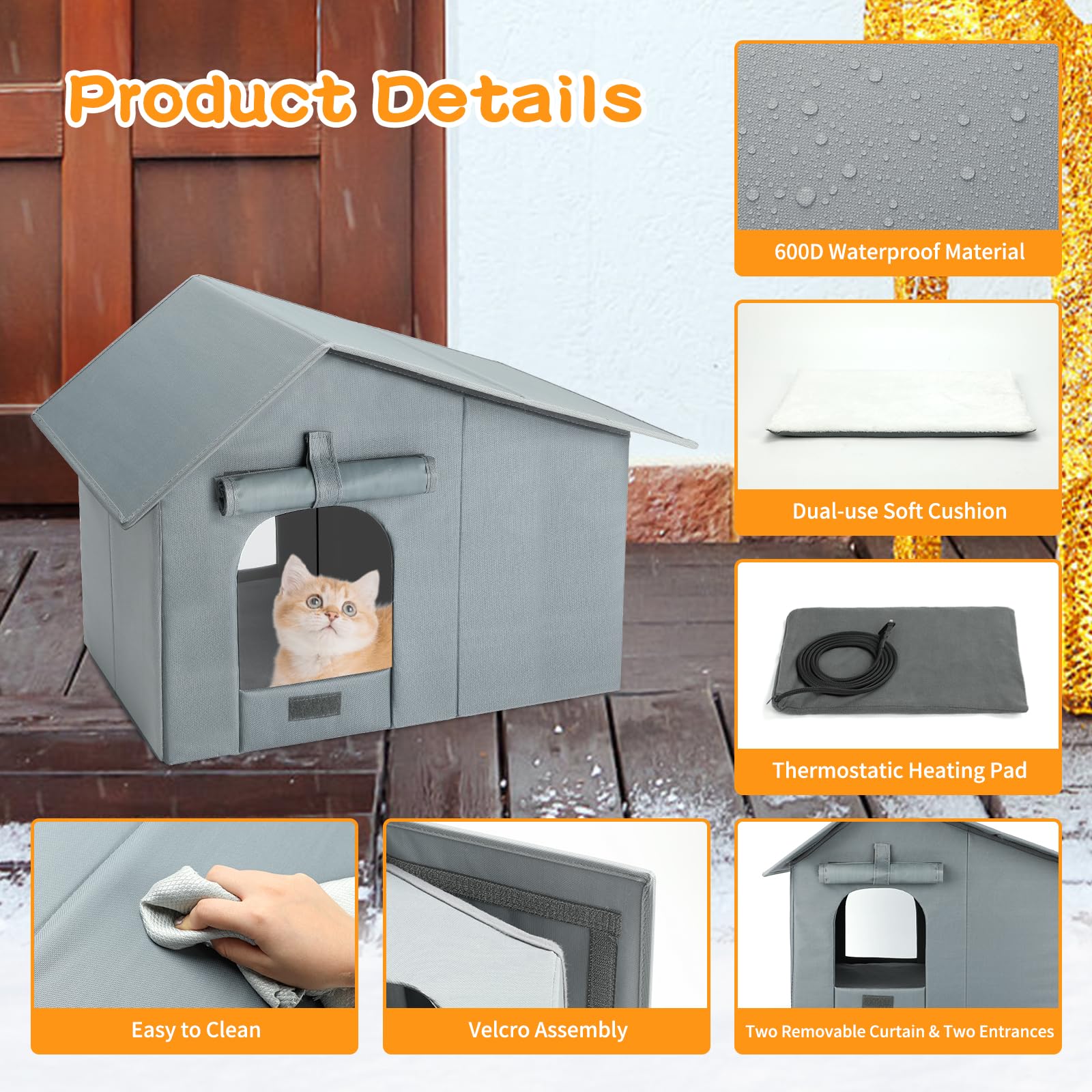 Midollarle Heated Outdoor Cat House – Extra-Wide Waterproof Shelter with Thermostatic Heating Pad