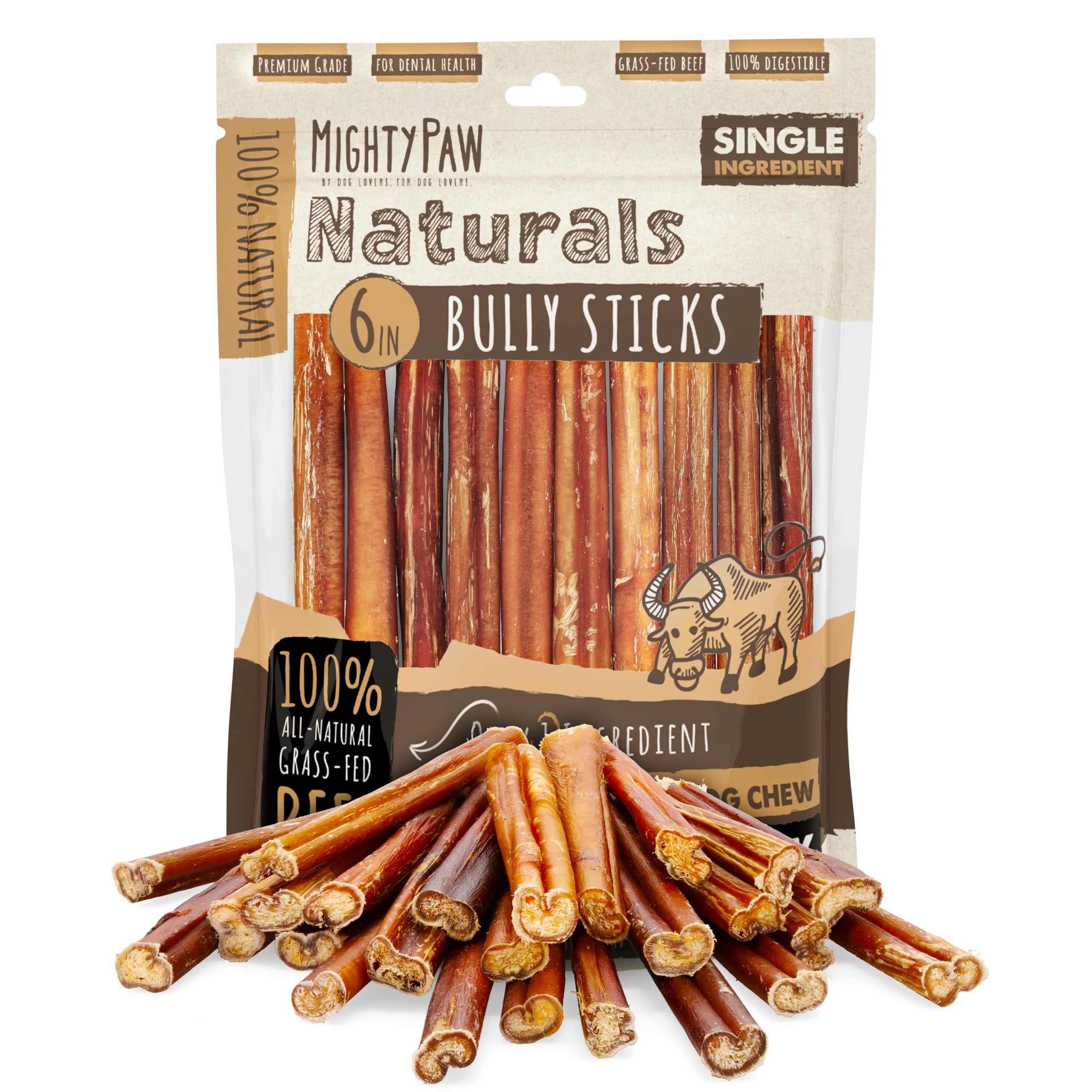 Mighty Paw Naturals Bully Sticks for Dogs – Grass-Fed, Single-Ingredient, Lower Odor (6in, 25 Pack)