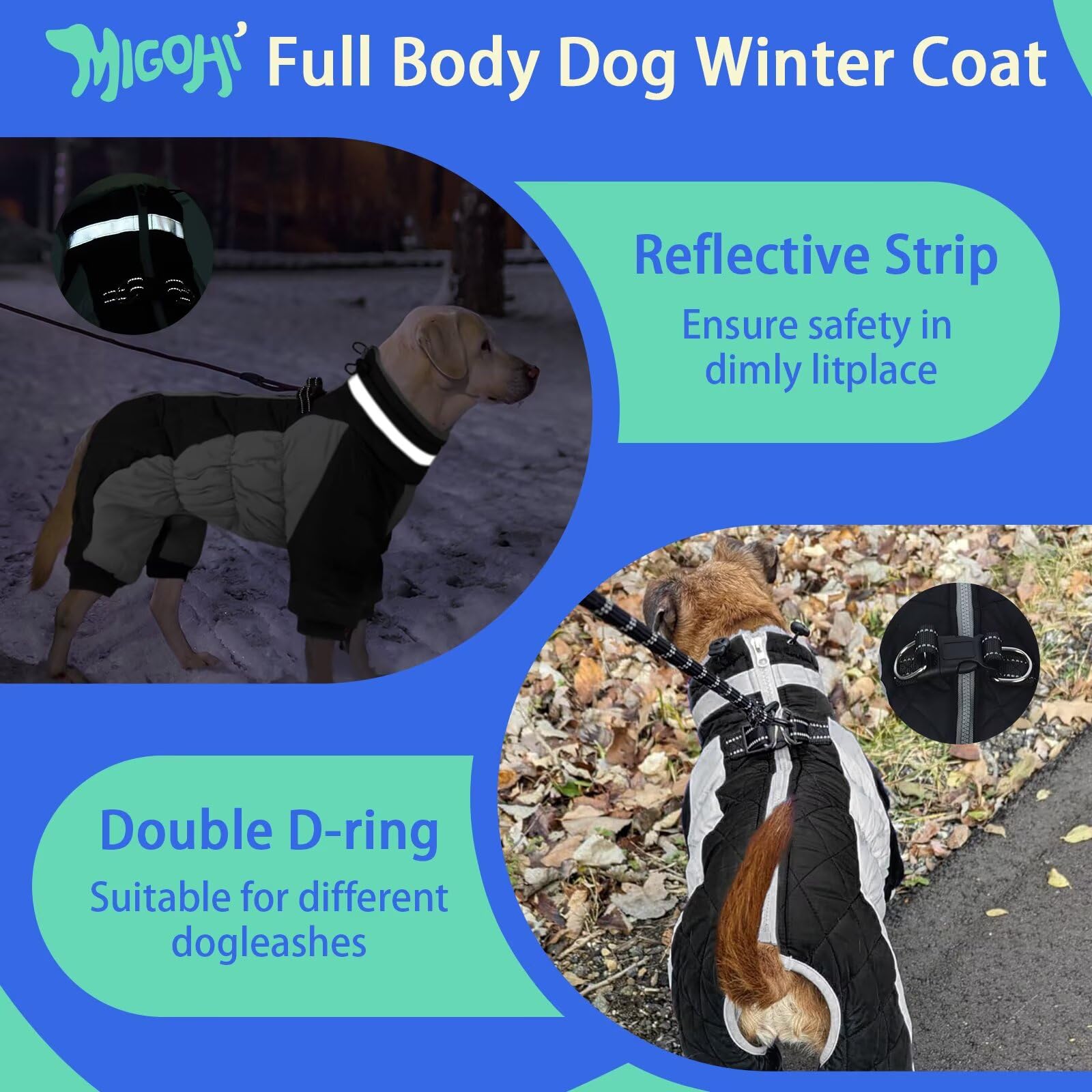 MIGOHI Full Body Dog Coat – Warm Reflective Harness Winter Jacket (2XL)