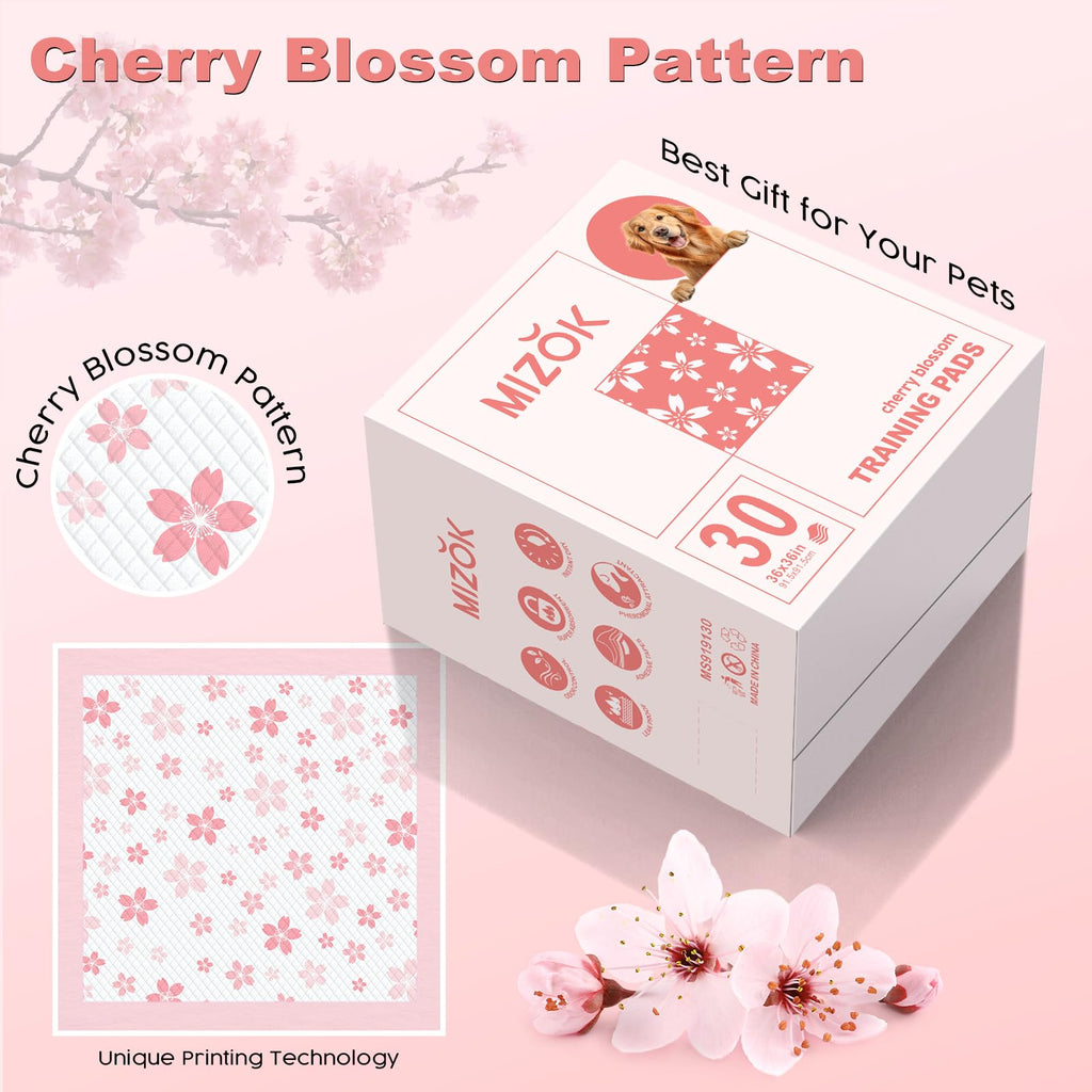 MIZOK 36x36 Pink Puppy Pads – 6-Layer Leak-Proof, Quick-Dry with Cherry Blossom Prints | 30 Count
