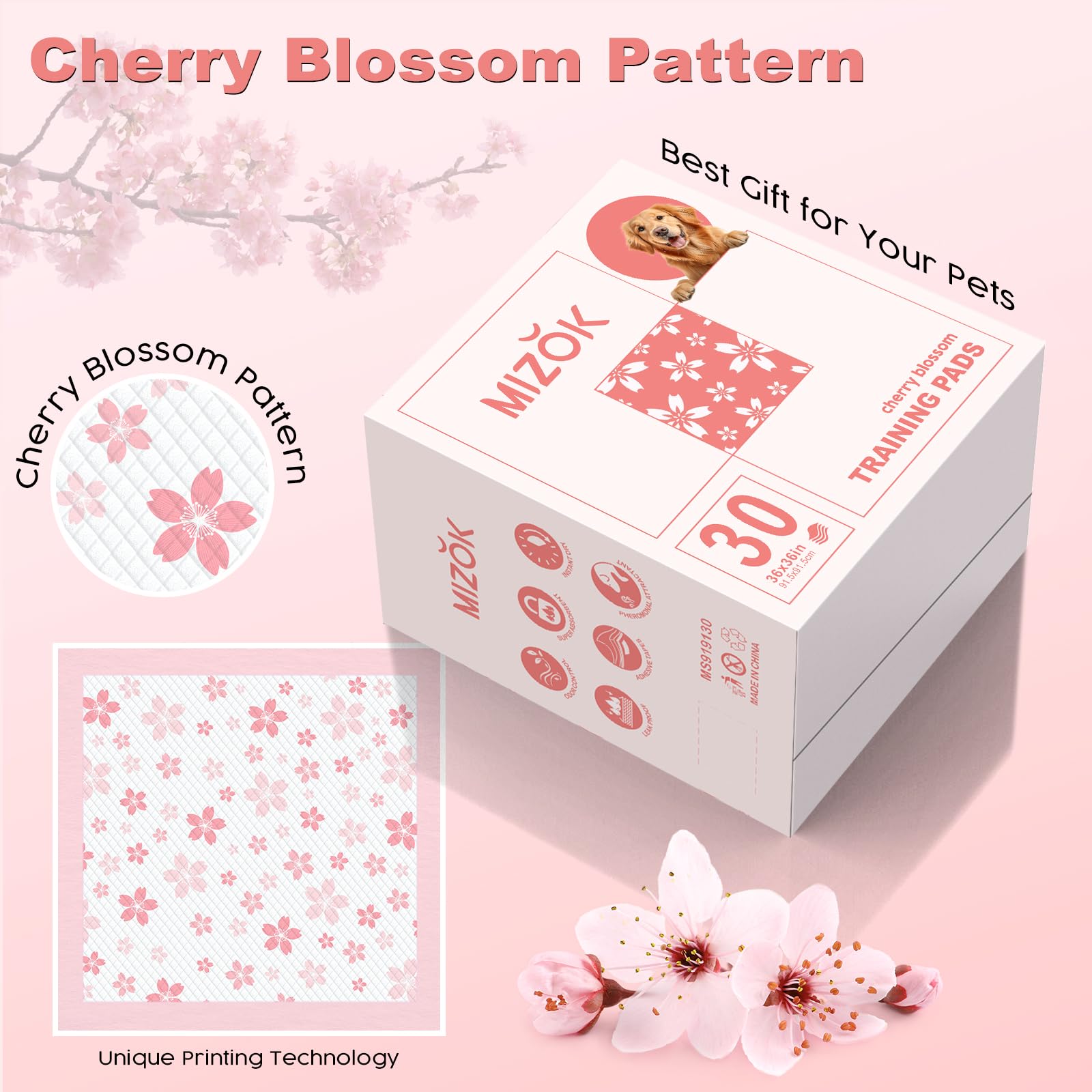 MIZOK 36x36 Pink Puppy Pads – 6-Layer Leak-Proof, Quick-Dry with Cherry Blossom Prints | 30 Count