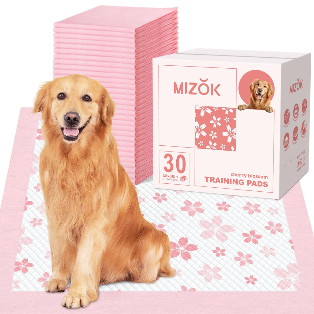 MIZOK 36x36 Pink Puppy Pads – 6-Layer Leak-Proof, Quick-Dry with Cherry Blossom Prints | 30 Count