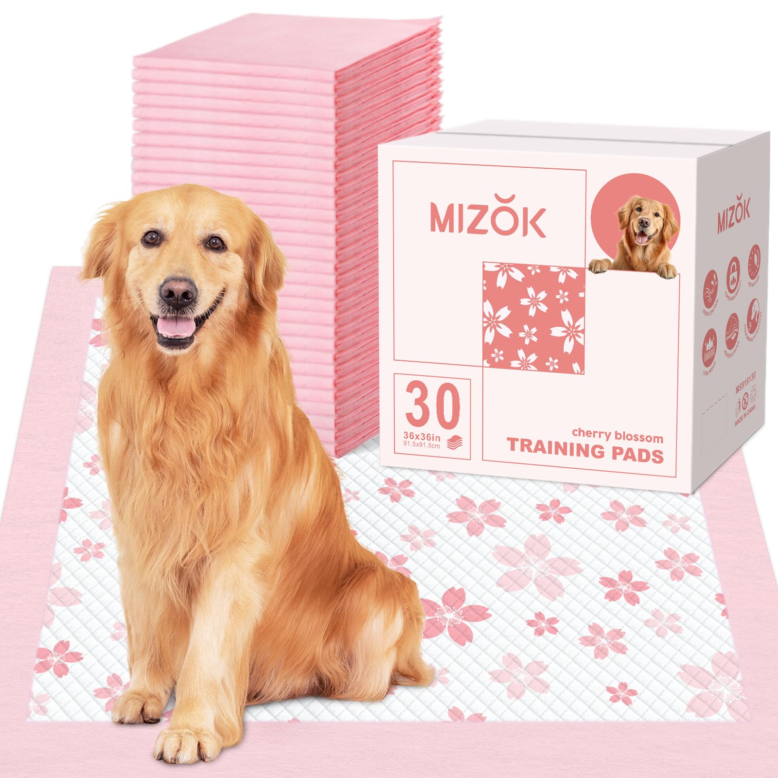 MIZOK 36x36 Pink Puppy Pads – 6-Layer Leak-Proof, Quick-Dry with Cherry Blossom Prints | 30 Count