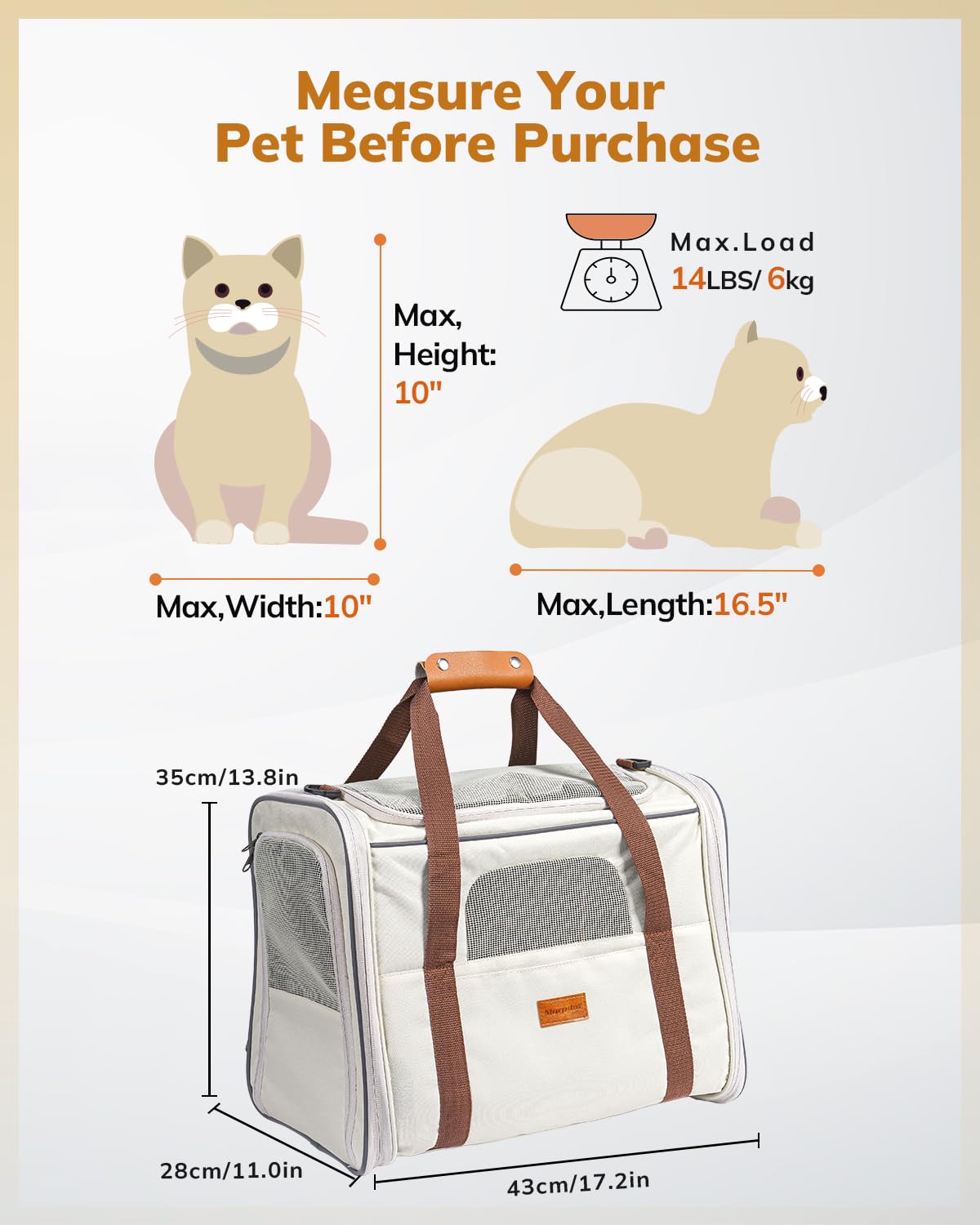 Morpilot Cat Carrier Large Soft-Sided – Airline-Approved Travel Carrier for Cats up to 18 lbs (Beige)