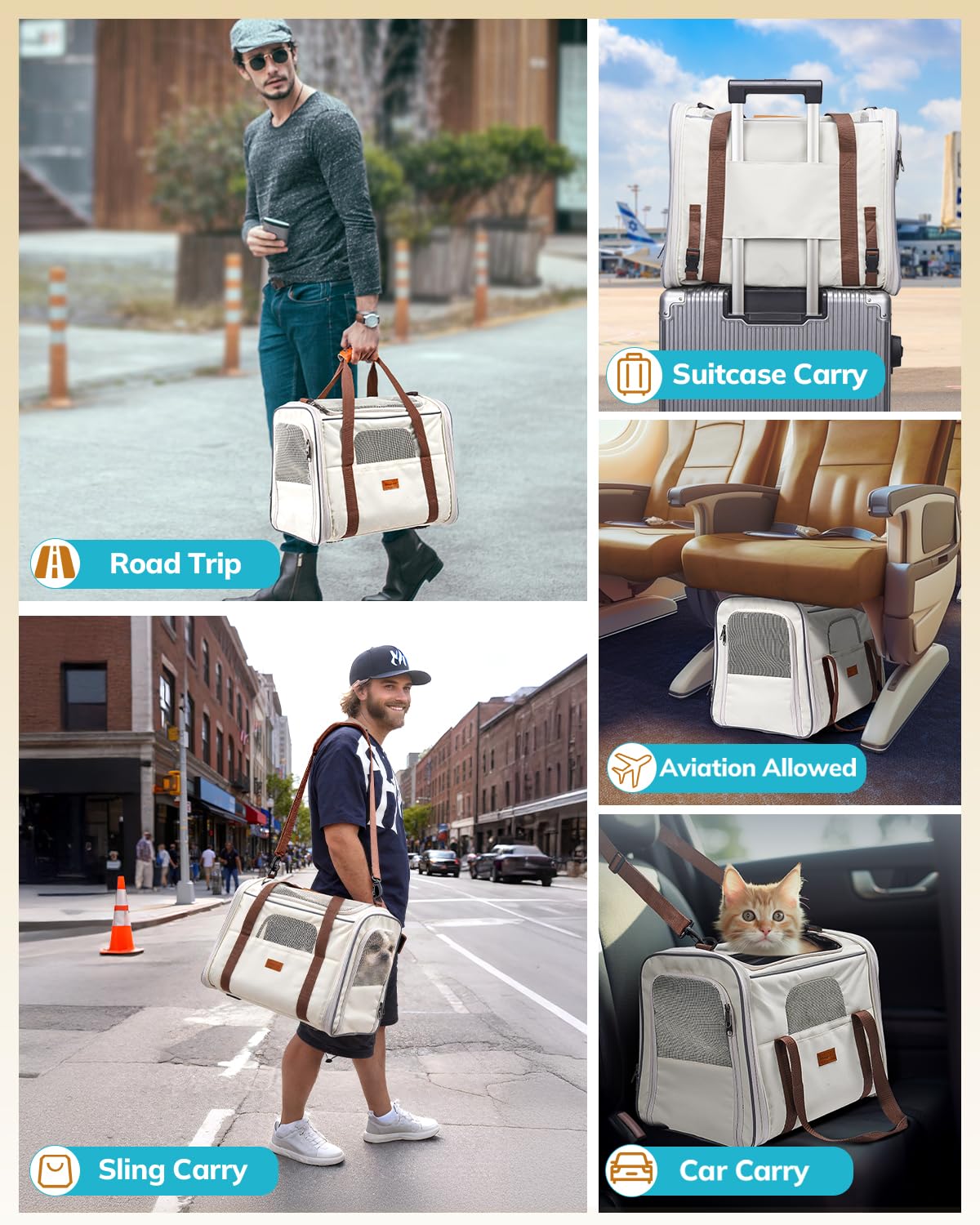 Morpilot Cat Carrier Large Soft-Sided – Airline-Approved Travel Carrier for Cats up to 18 lbs (Beige)
