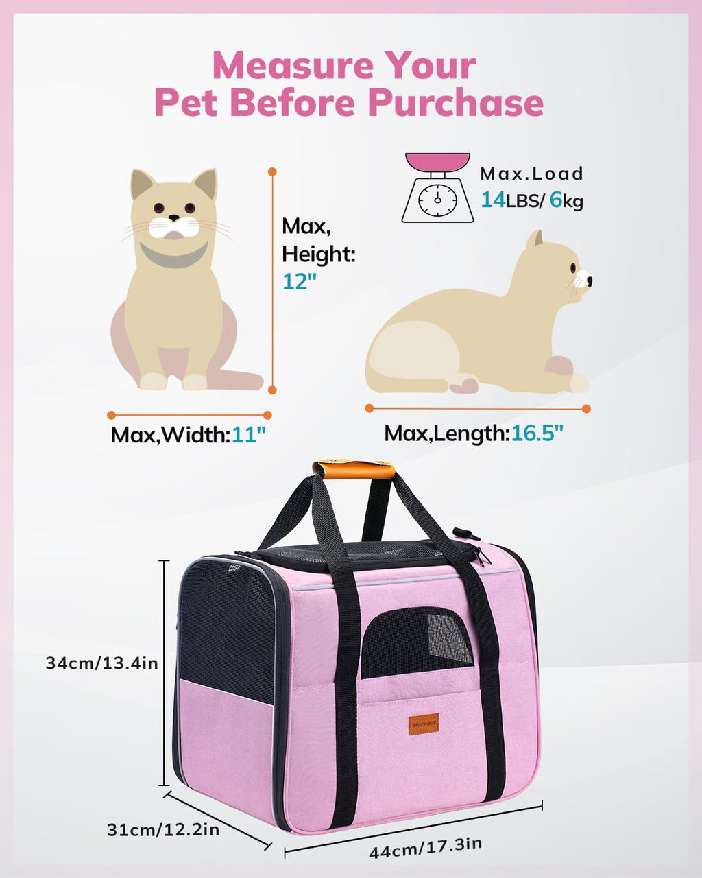 Morpilot Portable Cat Carrier - Soft Sided, Airline-Approved Pink up to 15 lbs