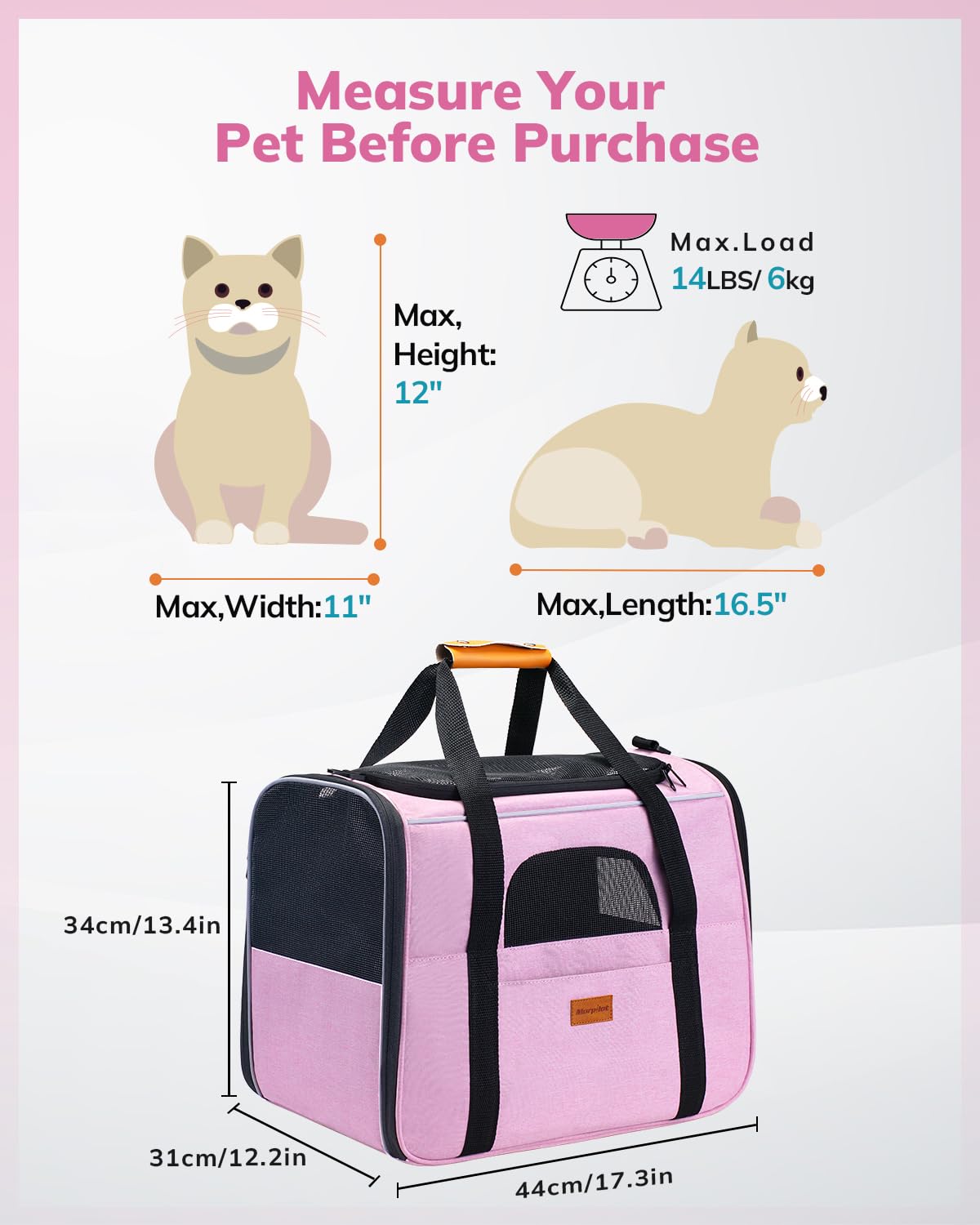 Morpilot Portable Cat Carrier - Soft Sided, Airline-Approved Pink up to 15 lbs