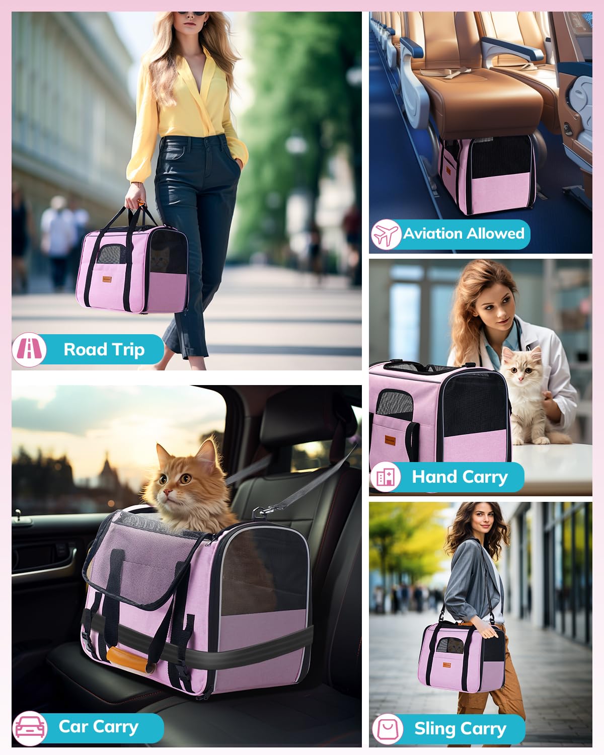 Morpilot Portable Cat Carrier - Soft Sided, Airline-Approved Pink up to 15 lbs