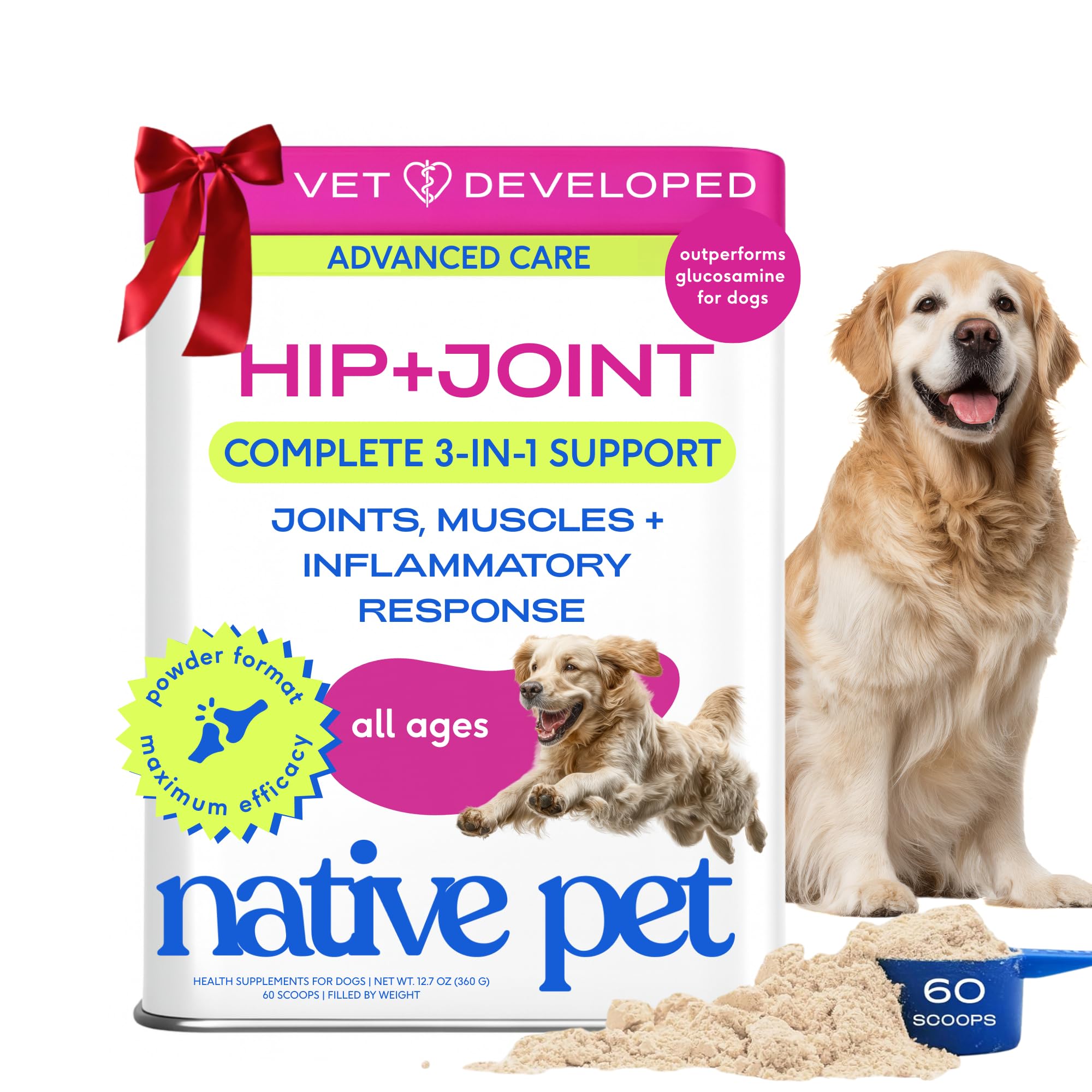 Native Pet Advanced Care Hip & Joint Supplement for Dogs — HMB, UC-II, Green Lipped Mussel, Hyaluronic Acid | 60 Scoops