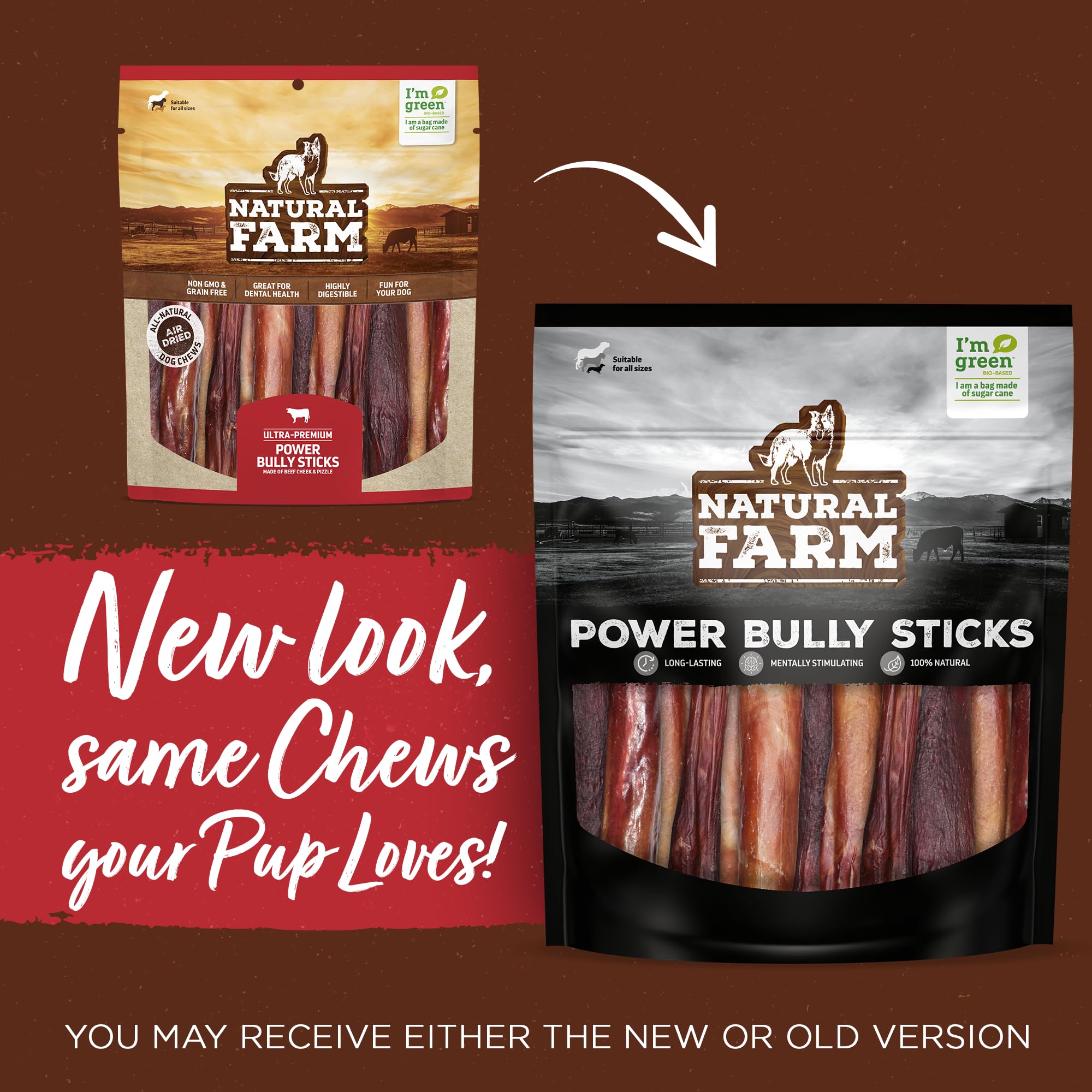 Natural Farm Power Bully Sticks Dog Chews (6-inch, 15-Pack) – 2-in-1 Beef Cheek Wrapped in Beef Pizzle