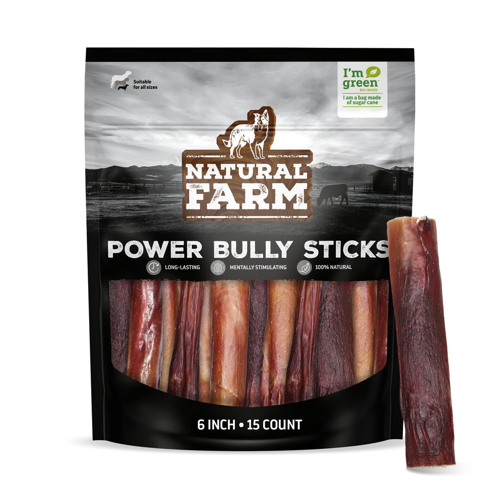 Natural Farm Power Bully Sticks Dog Chews (6-inch, 15-Pack) – 2-in-1 Beef Cheek Wrapped in Beef Pizzle