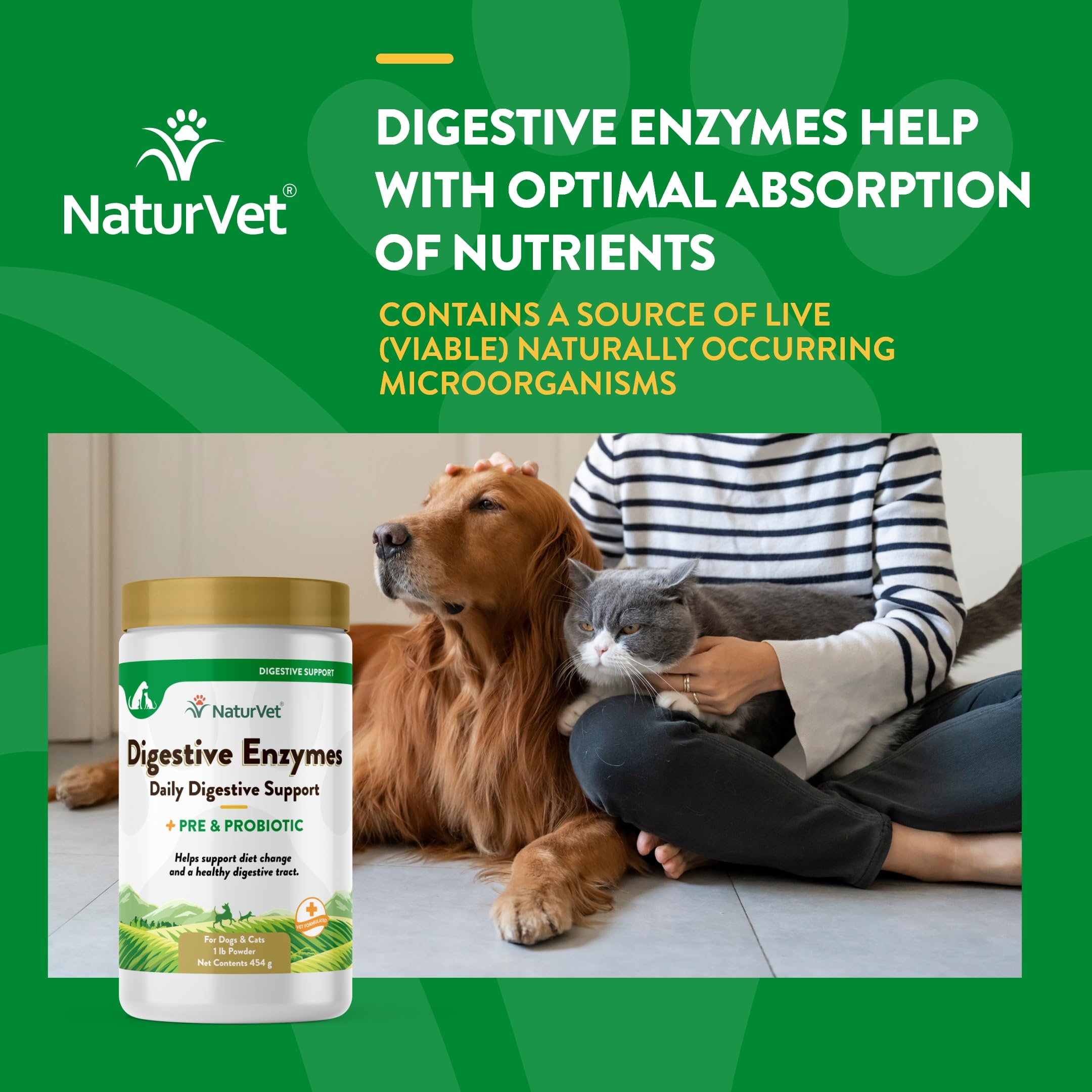 NaturVet Digestive Enzymes with Probiotics & Prebiotics for Dogs & Cats | 1 lb Powder