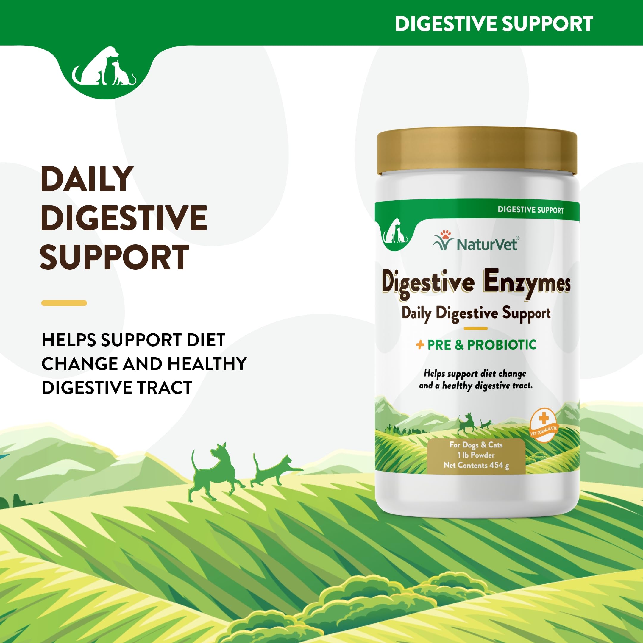 NaturVet Digestive Enzymes with Probiotics & Prebiotics for Dogs & Cats | 1 lb Powder