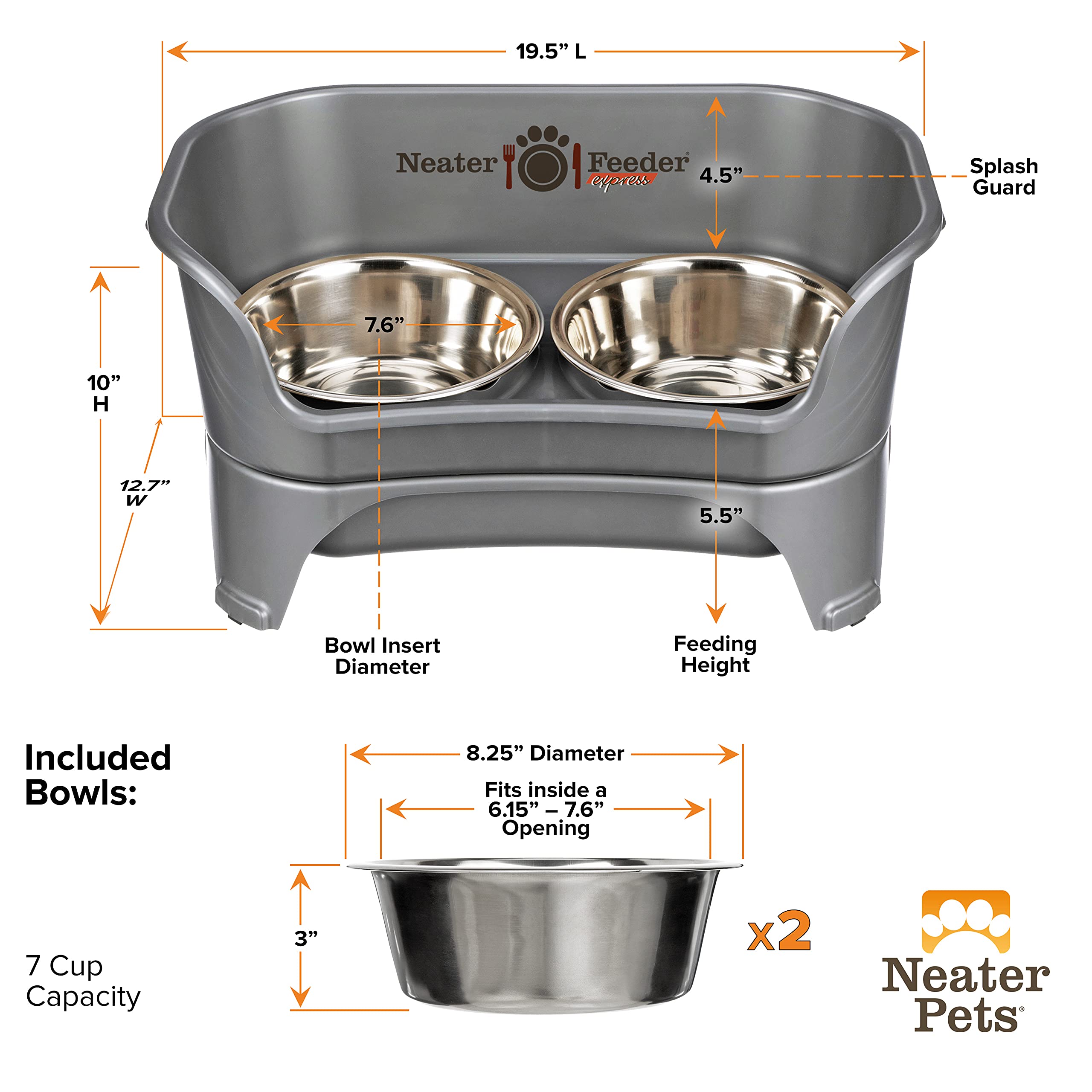 Neater Feeder Express Mess-Proof Elevated Dog Bowls for Medium to Large Dogs | Stainless Steel Bowls, Grey