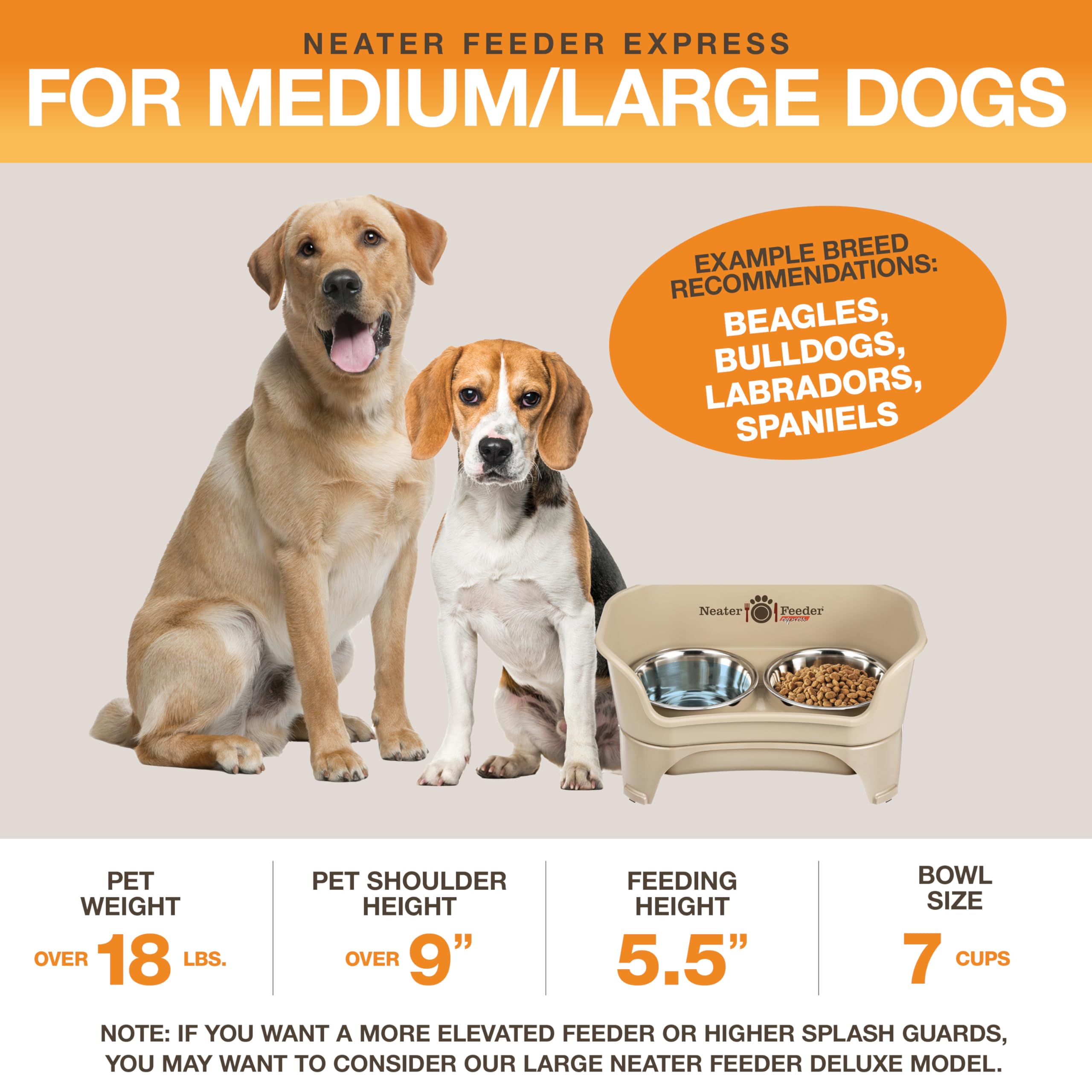 Neater Feeder Express Mess-Proof Elevated Dog Bowls (Almond) for Medium to Large Dogs