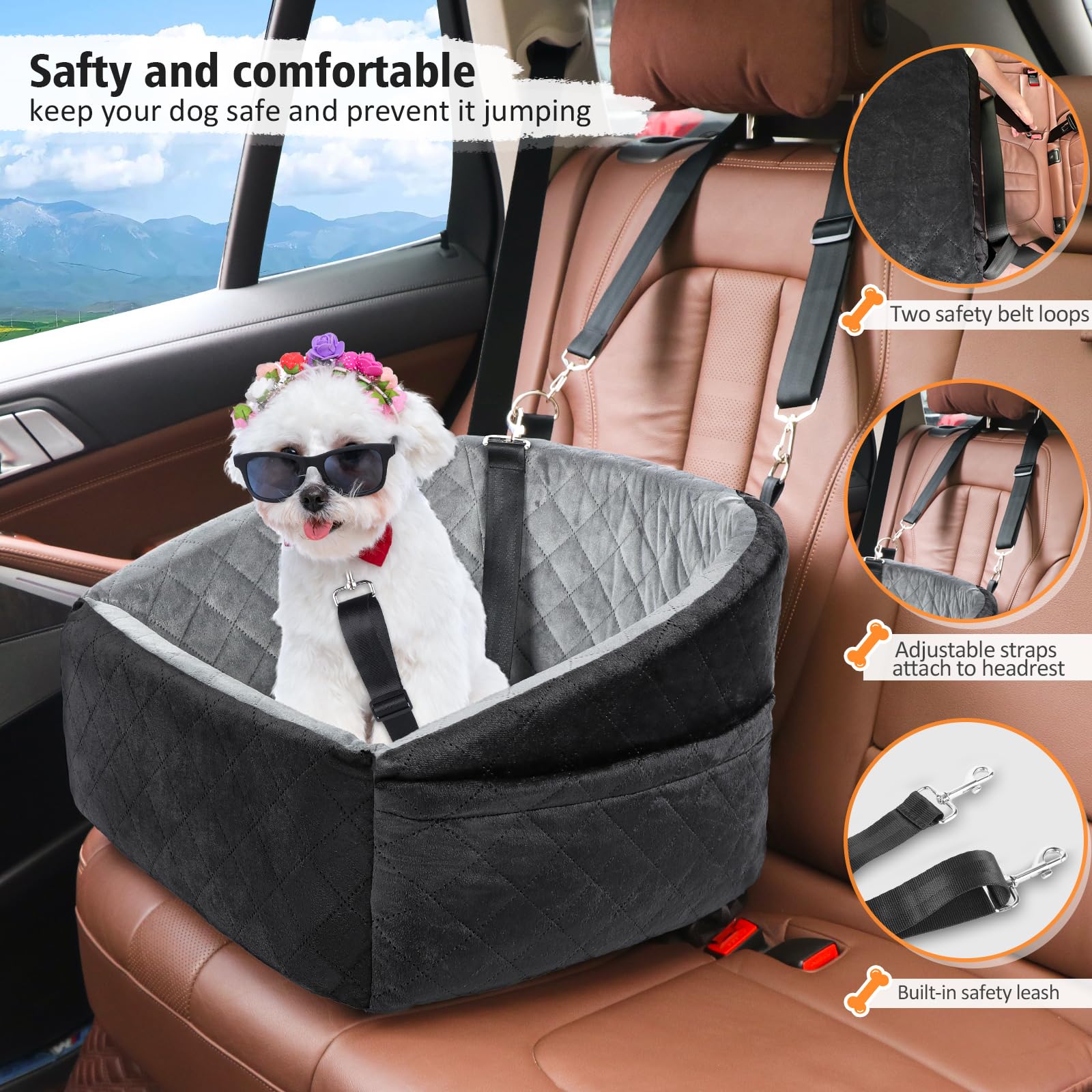 NEEZUKAR Dog Car Seat for Small Dogs – Detachable Booster Seat with Washable Cover & Storage Pockets