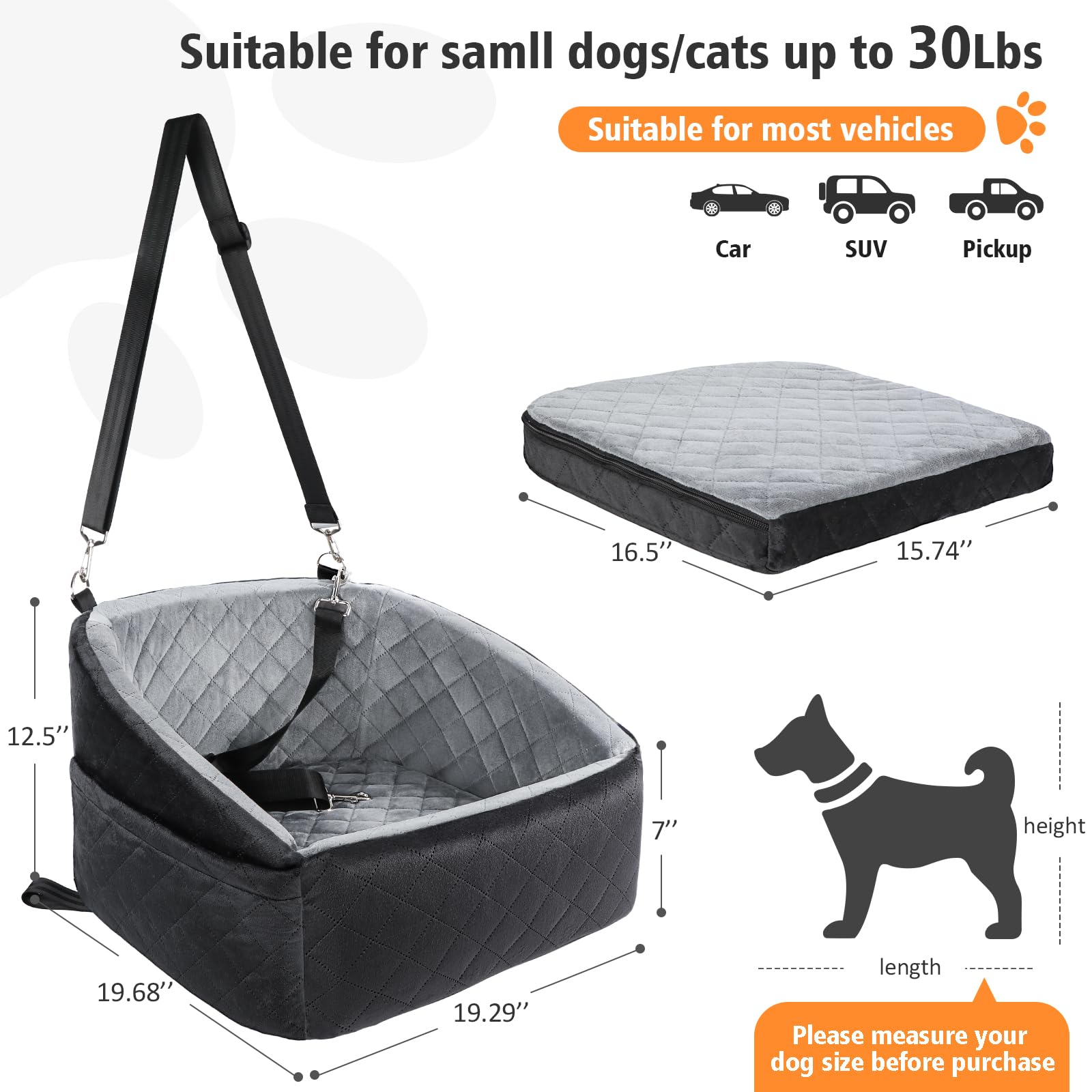 NEEZUKAR Dog Car Seat for Small Dogs – Detachable Booster Seat with Washable Cover & Storage Pockets