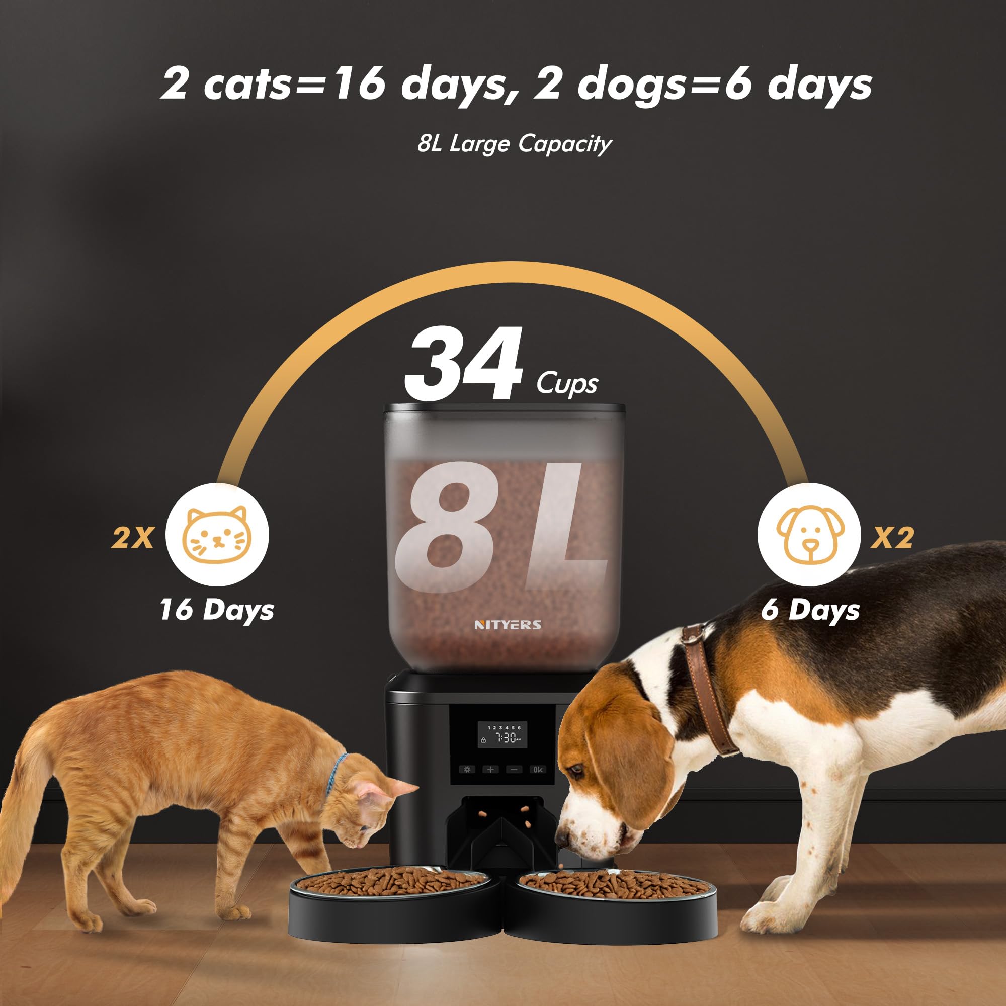 Nityers Automatic Cat Feeder for 2 Cats – 8L Large Capacity, LCD, Timed Feeding