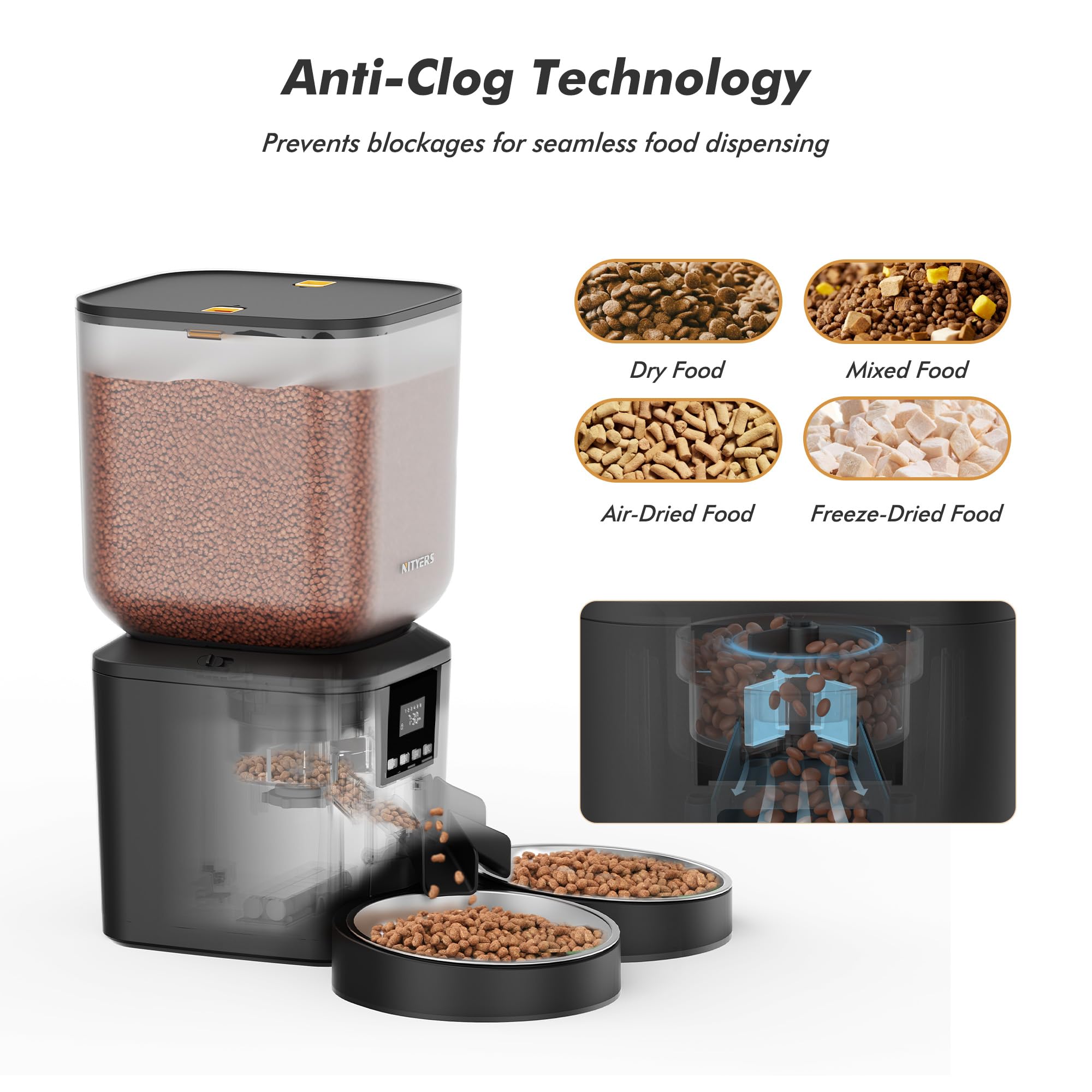 Nityers Automatic Cat Feeder for 2 Cats – 8L Large Capacity, LCD, Timed Feeding