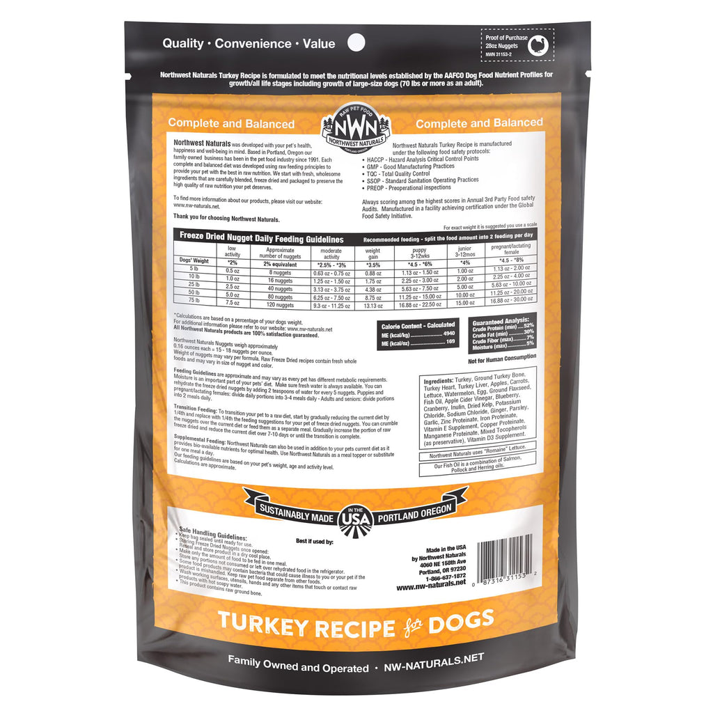 Northwest Naturals Freeze-Dried Turkey Dog Food – Bite-Sized Nuggets, Grain-Free, High-Protein, USA Made (25 oz)