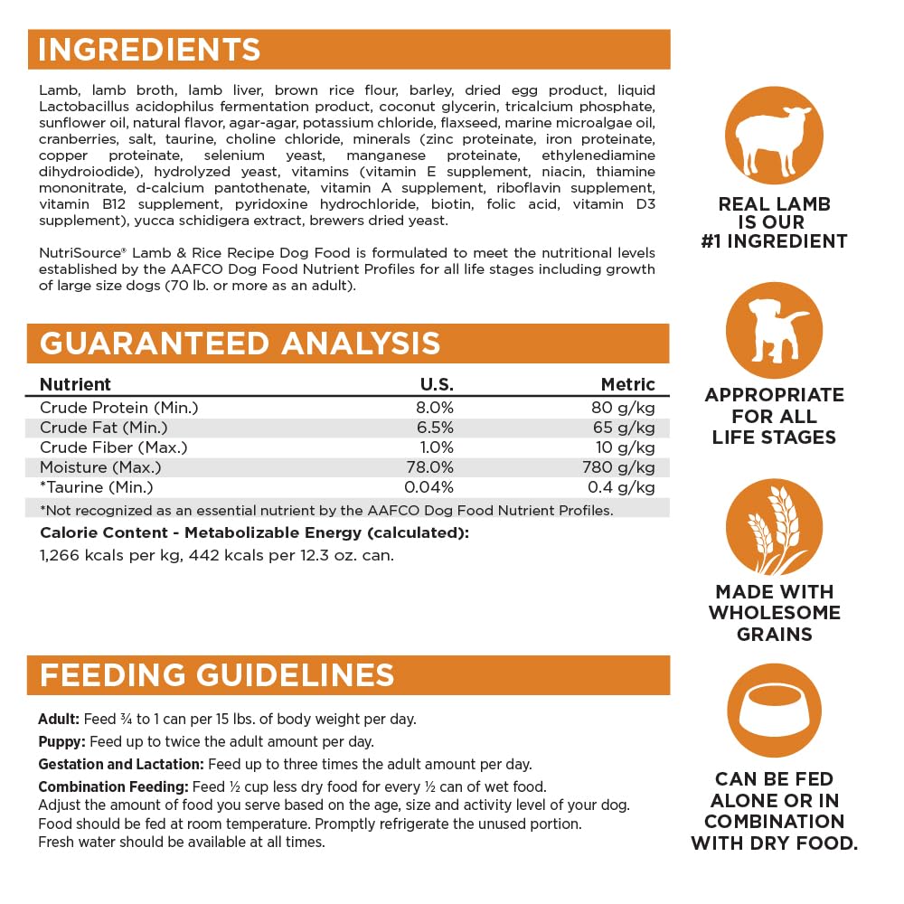NutriSource Lamb & Rice Wet Dog Food — Premium Canned, 12.3 oz (Pack of 12)