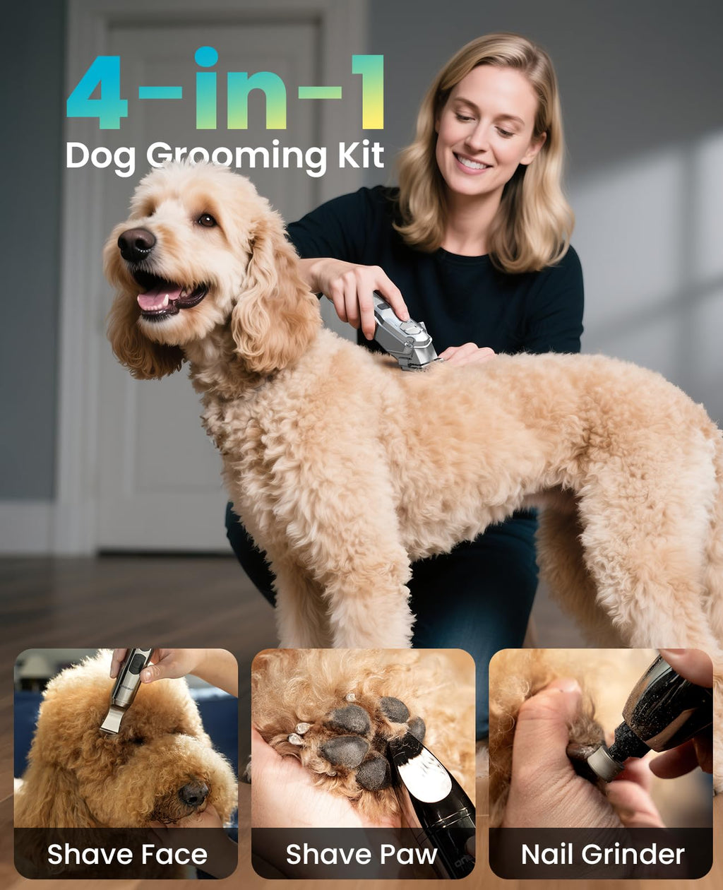 oneisall Dog Clippers for Thick Coats – 4-in-1 Low-Noise Cordless Grooming Kit