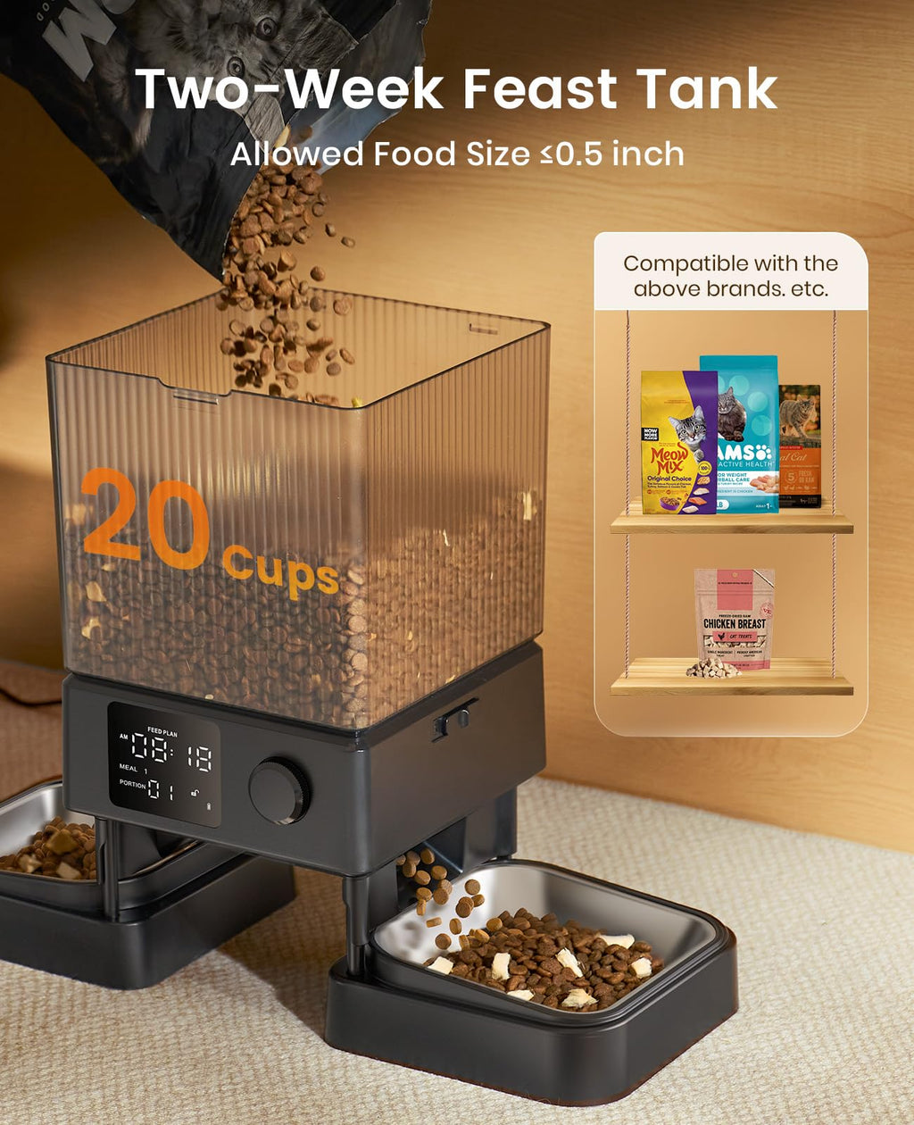 oneisall Automatic Cat Feeder for 2 Cats – 5L, 20 Cups, Timed Dispenser