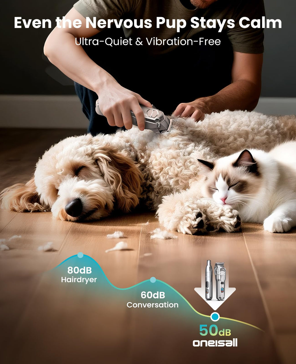 oneisall Dog Clippers for Thick Coats – 4-in-1 Low-Noise Cordless Grooming Kit