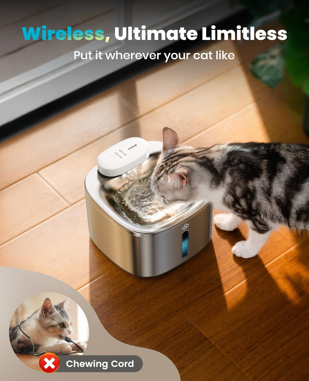 oneisall Wireless Cat Water Fountain 3.5L – Cordless, Battery-Operated Stainless Steel Pet Fountain