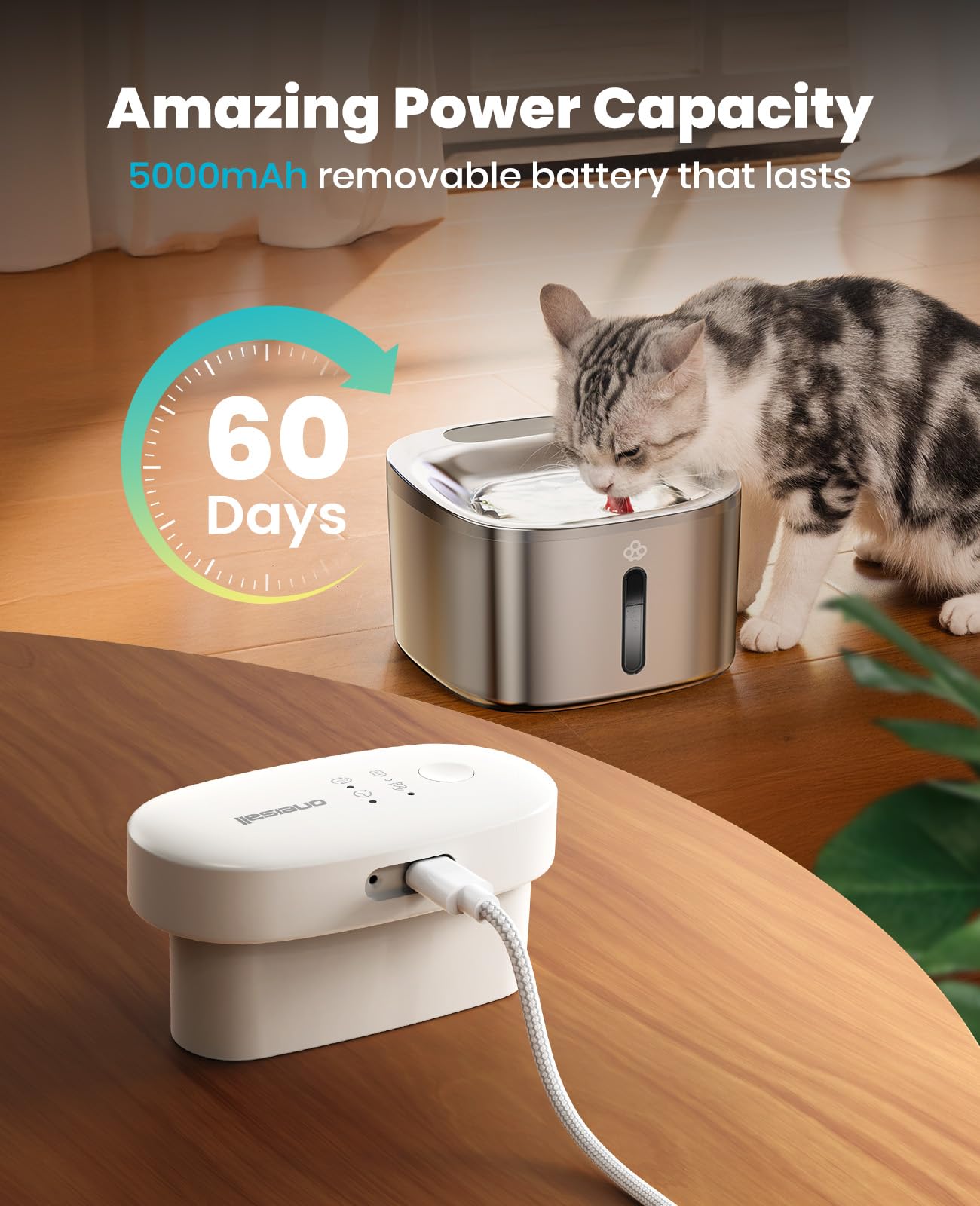 oneisall Wireless Cat Water Fountain 3.5L – Cordless, Battery-Operated Stainless Steel Pet Fountain