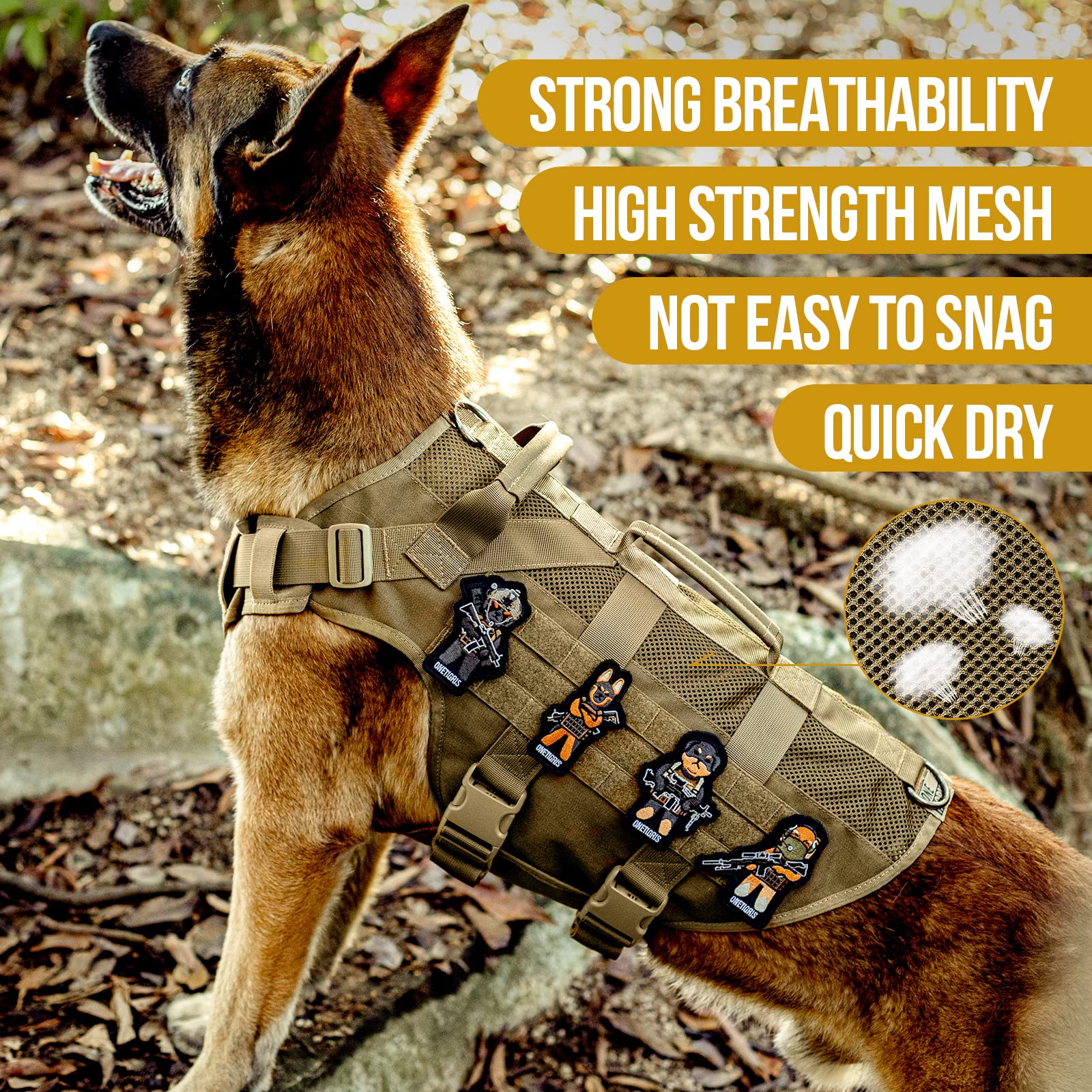 OneTigris No Pull Tactical Dog Harness for Medium to Large Dogs | Breathable Mesh, MOLLE Panels, Handle – XL Brown