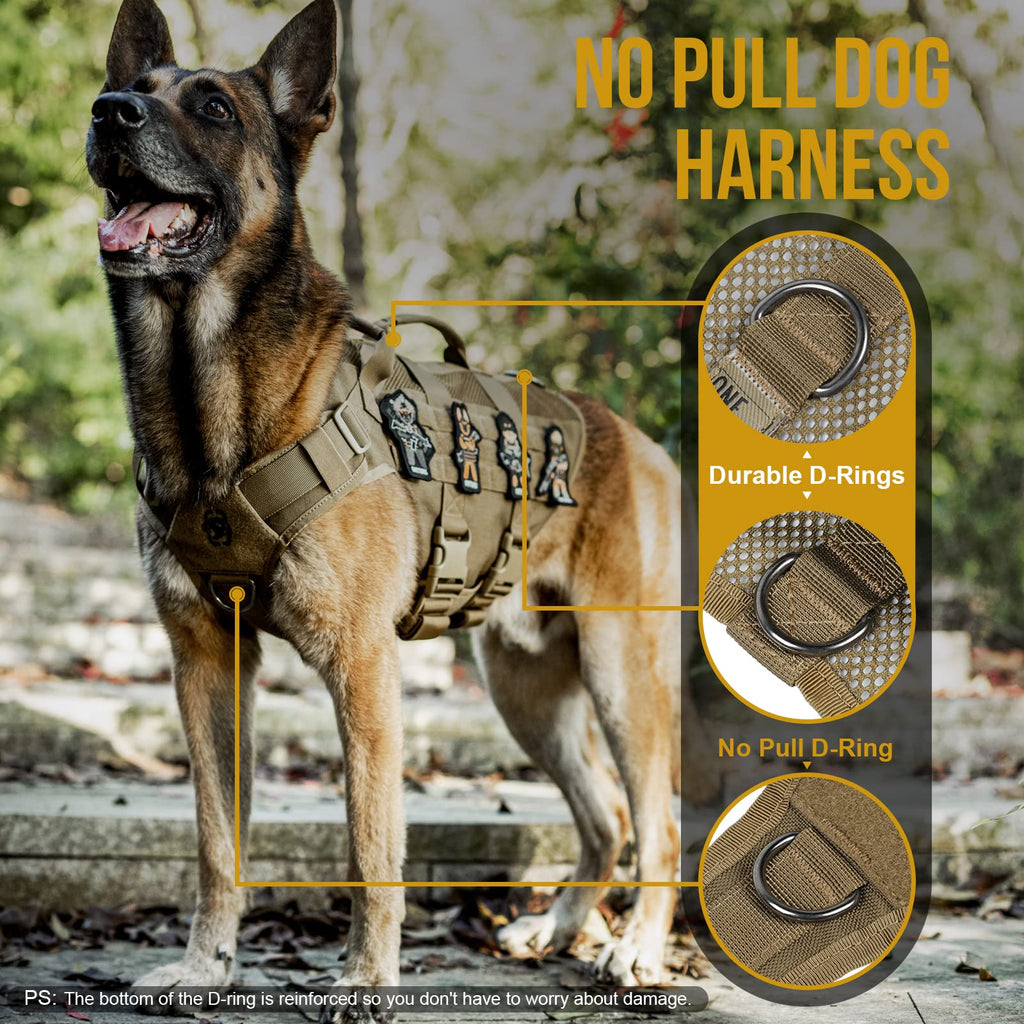 OneTigris No Pull Tactical Dog Harness for Medium to Large Dogs | Breathable Mesh, MOLLE Panels, Handle – XL Brown