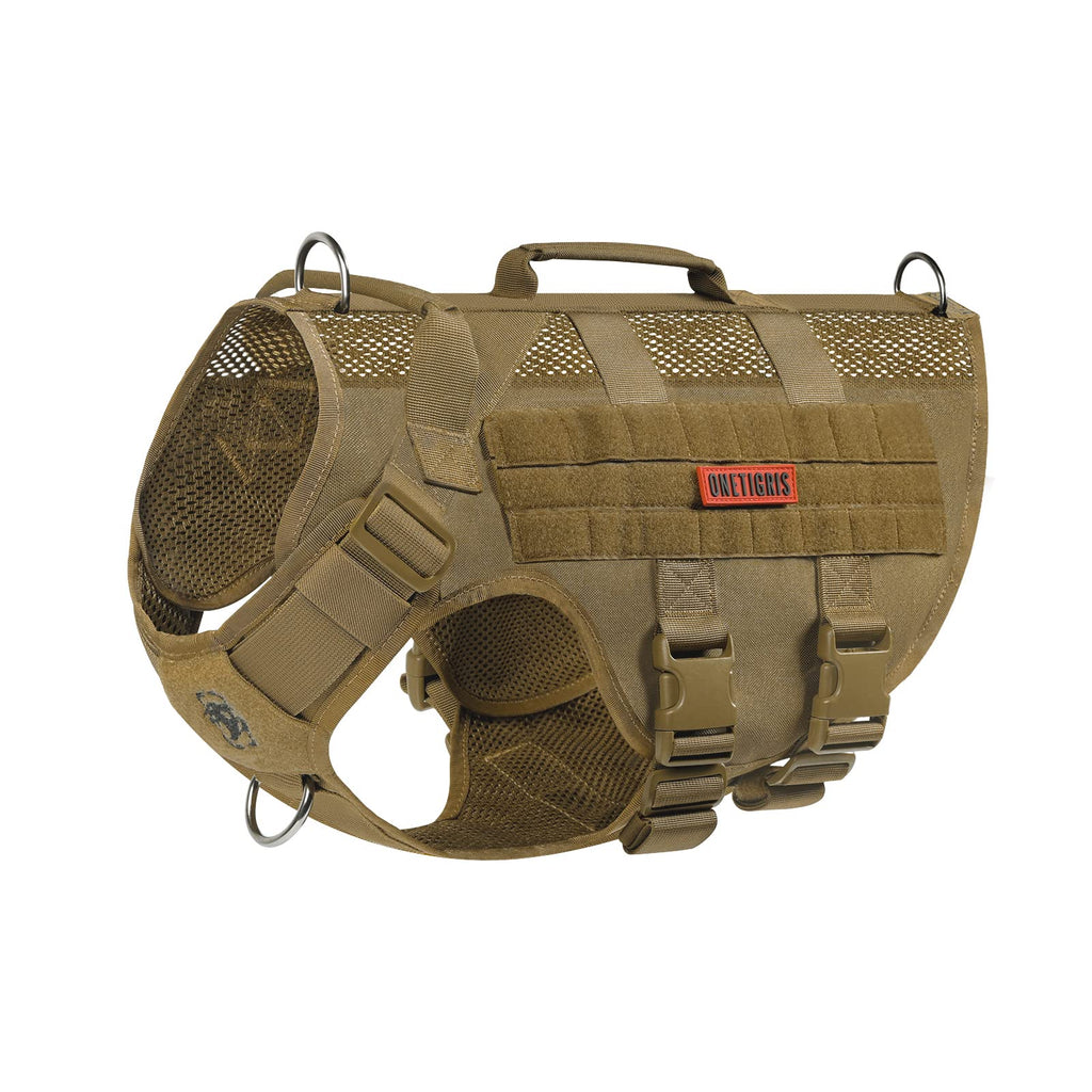 OneTigris No Pull Tactical Dog Harness for Medium to Large Dogs | Breathable Mesh, MOLLE Panels, Handle – XL Brown