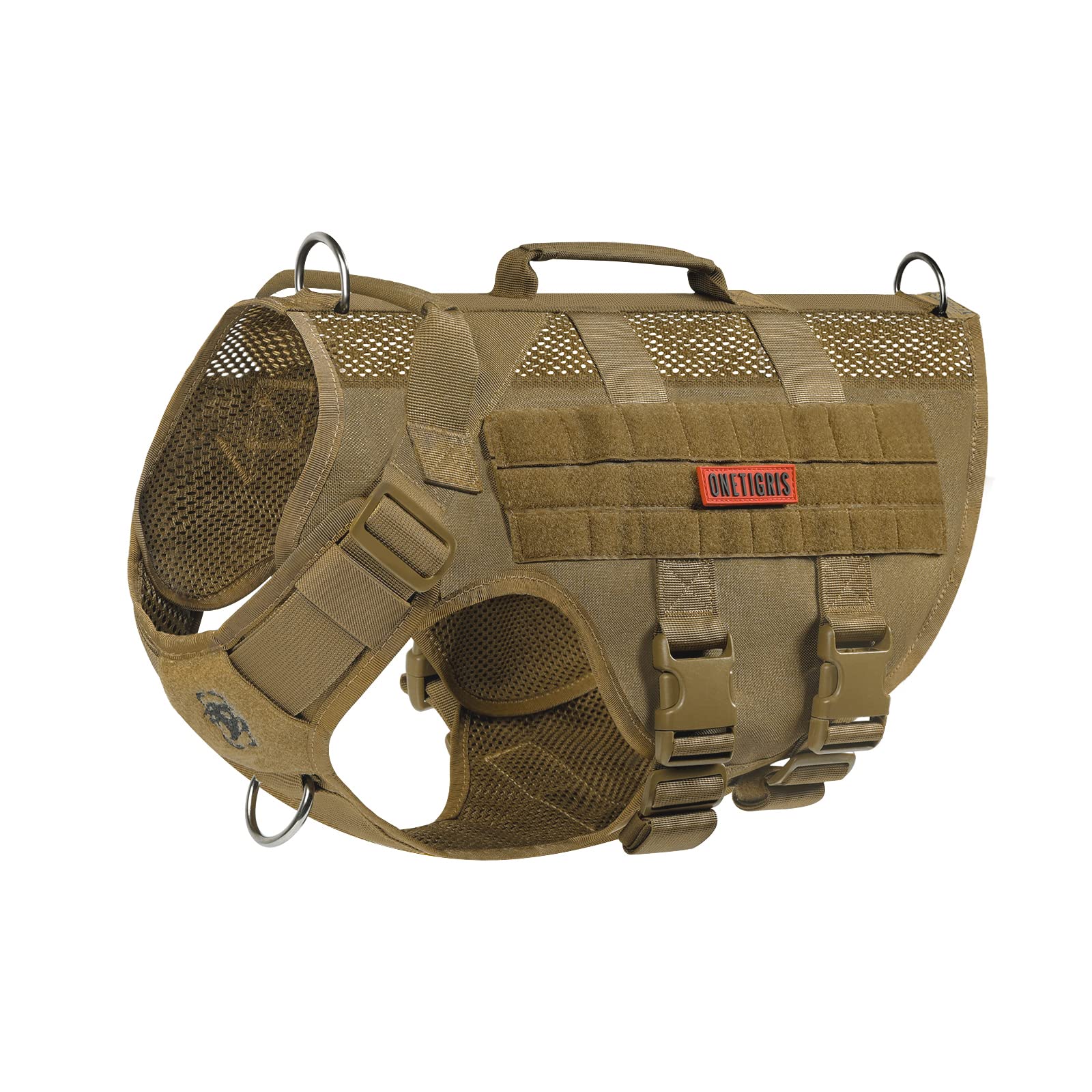 OneTigris No Pull Tactical Dog Harness for Medium to Large Dogs | Breathable Mesh, MOLLE Panels, Handle – XL Brown