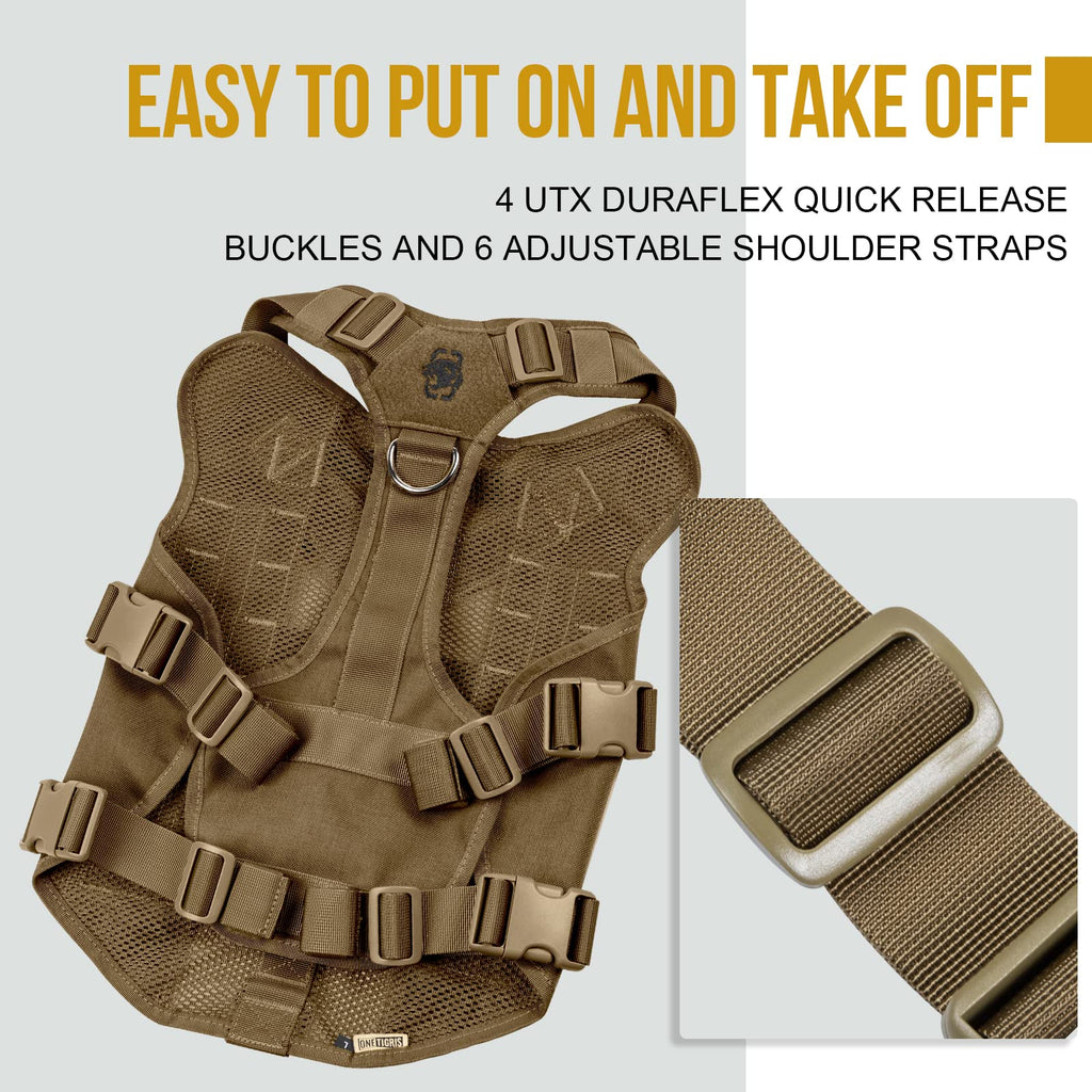 OneTigris No Pull Tactical Dog Harness for Medium to Large Dogs | Breathable Mesh, MOLLE Panels, Handle – XL Brown