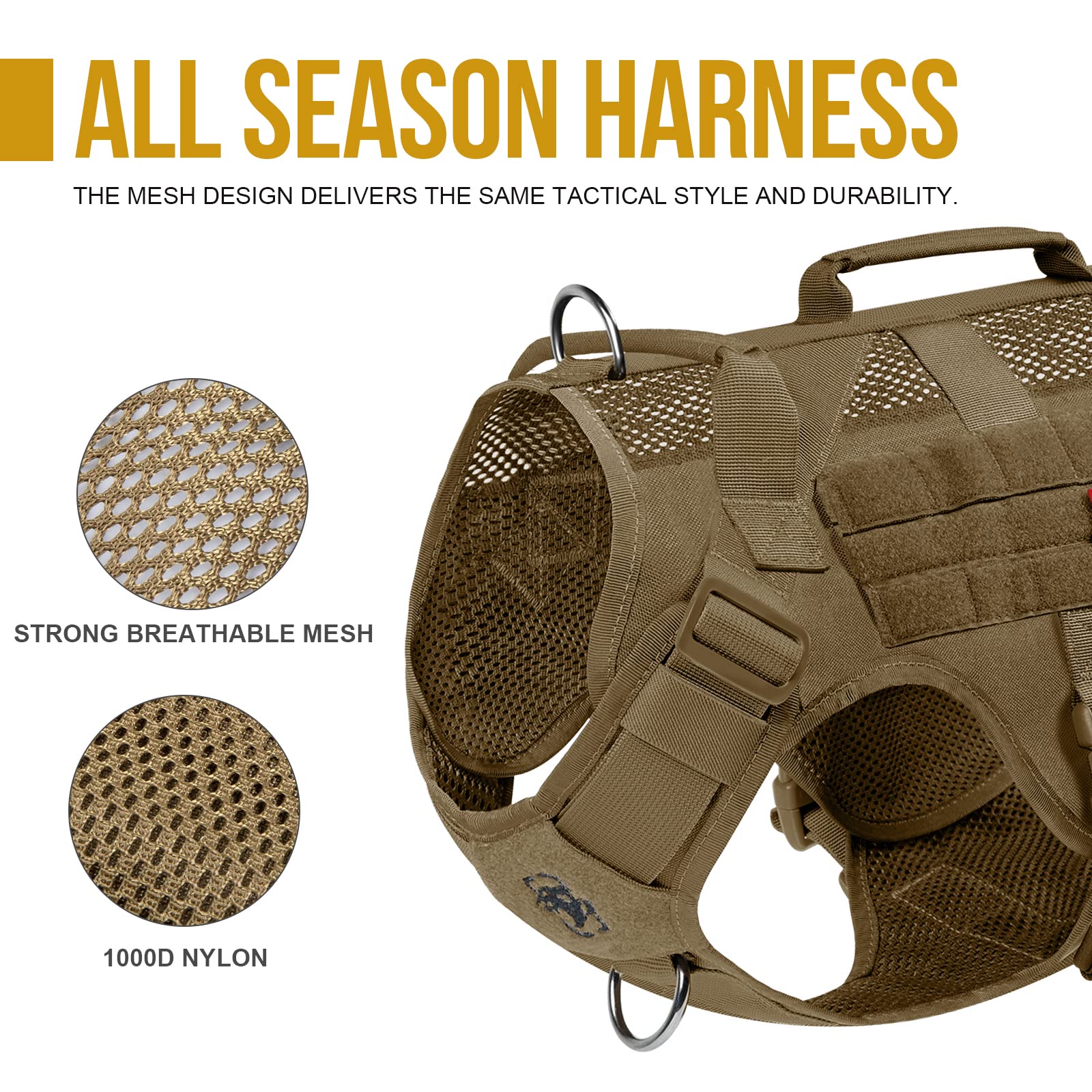 OneTigris No Pull Tactical Dog Harness for Medium to Large Dogs | Breathable Mesh, MOLLE Panels, Handle – XL Brown