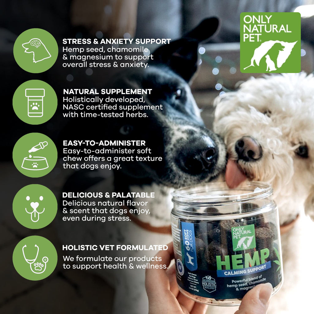 Only Natural Pet Hemp Soft Chews for Dogs — Stress & Anxiety Relief (L-Theanine, Chamomile & Lemon Balm) 120 Count