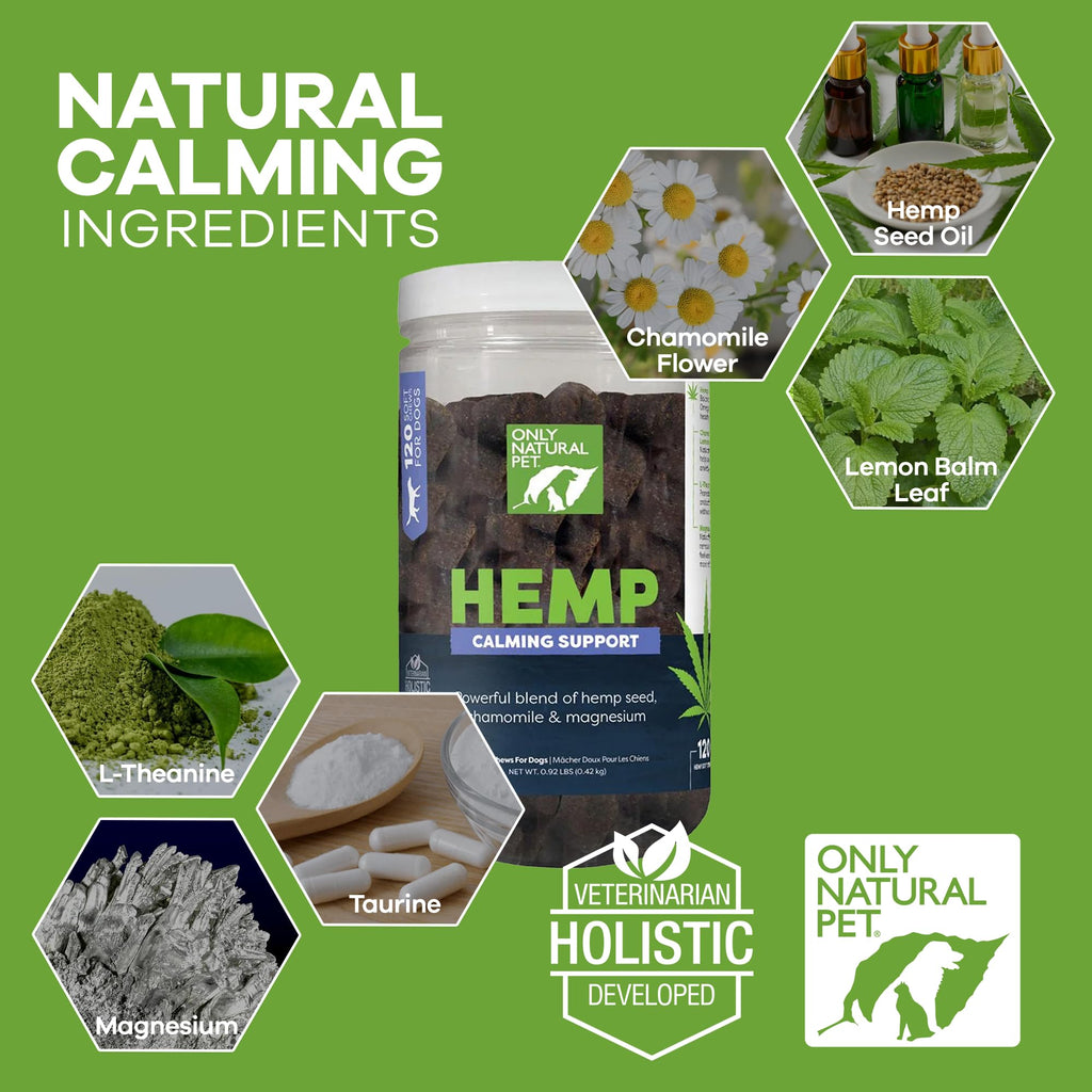 Only Natural Pet Hemp Soft Chews for Dogs — Stress & Anxiety Relief (L-Theanine, Chamomile & Lemon Balm) 120 Count