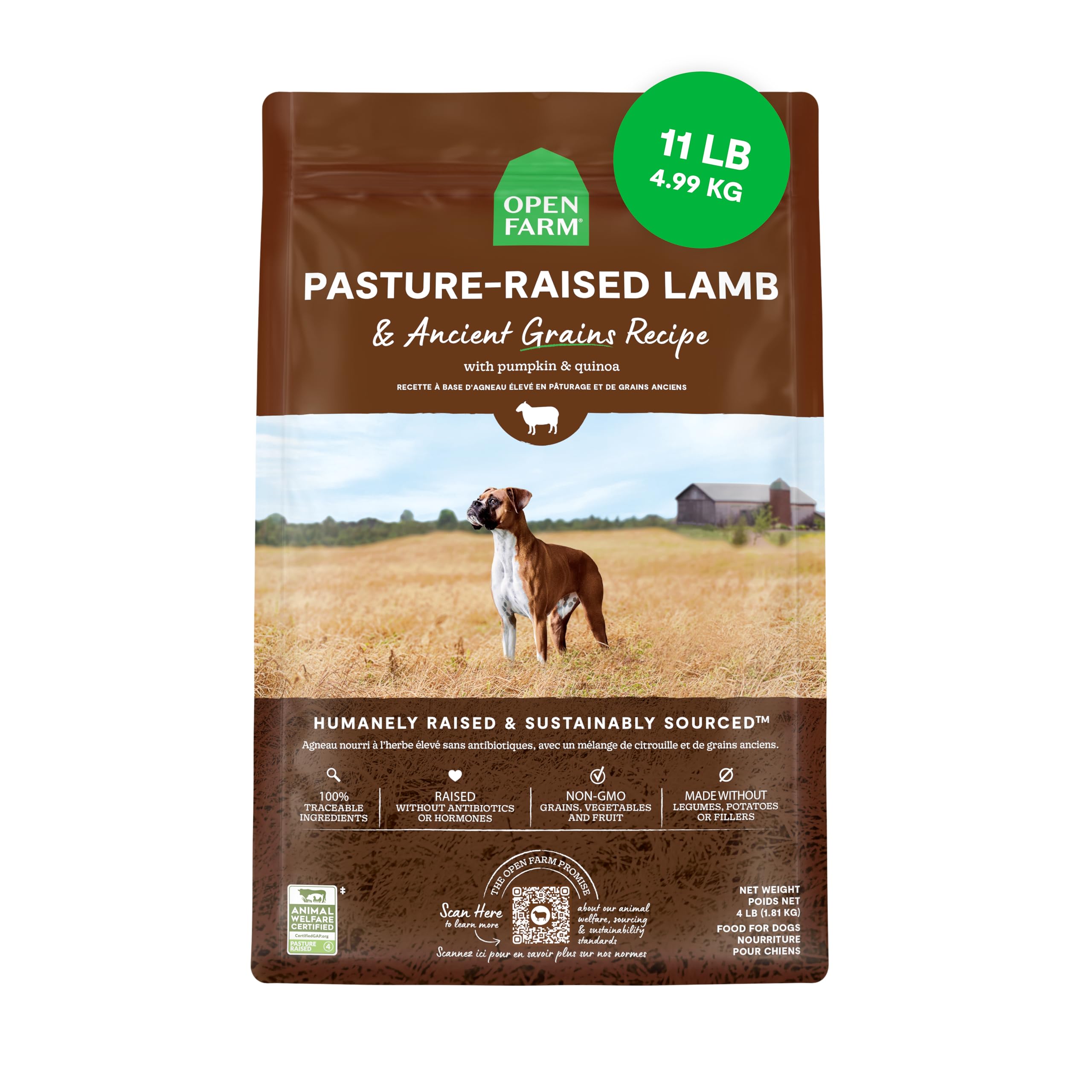 Open Farm Ancient Grains Dry Dog Food — Pasture-Raised Lamb, 90% Animal Protein, 11lb