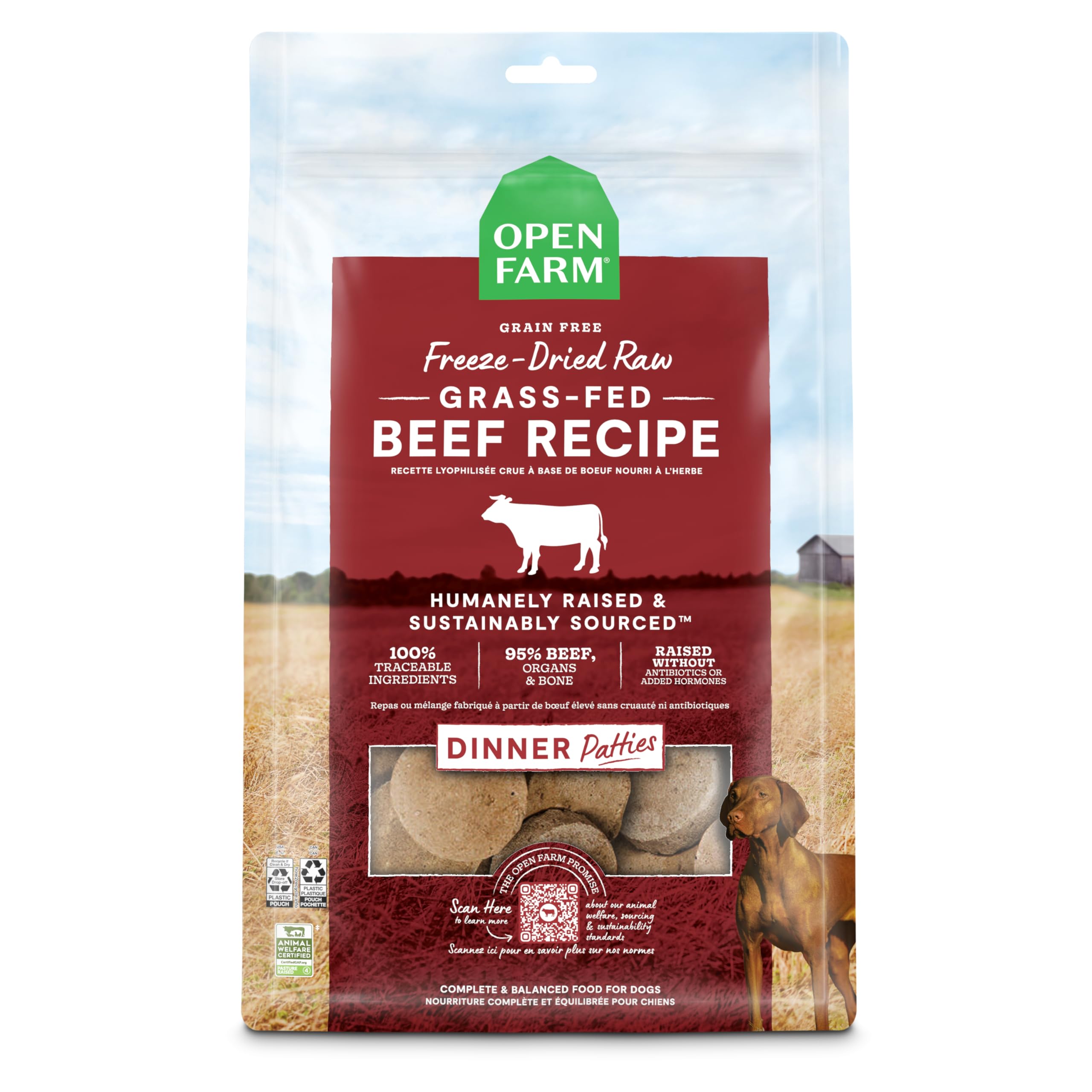 Open Farm Freeze Dried Raw Dog Food Patties – 95% Meat, Organs & Bone | Grass-Fed Beef, 17.5oz