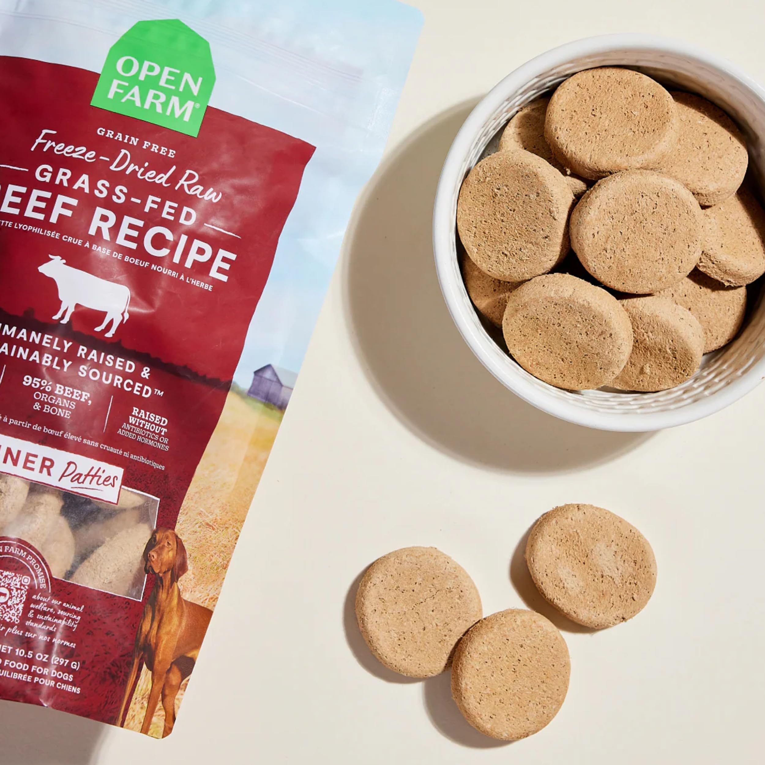 Open Farm Freeze Dried Raw Dog Food Patties – 95% Meat, Organs & Bone | Grass-Fed Beef, 17.5oz