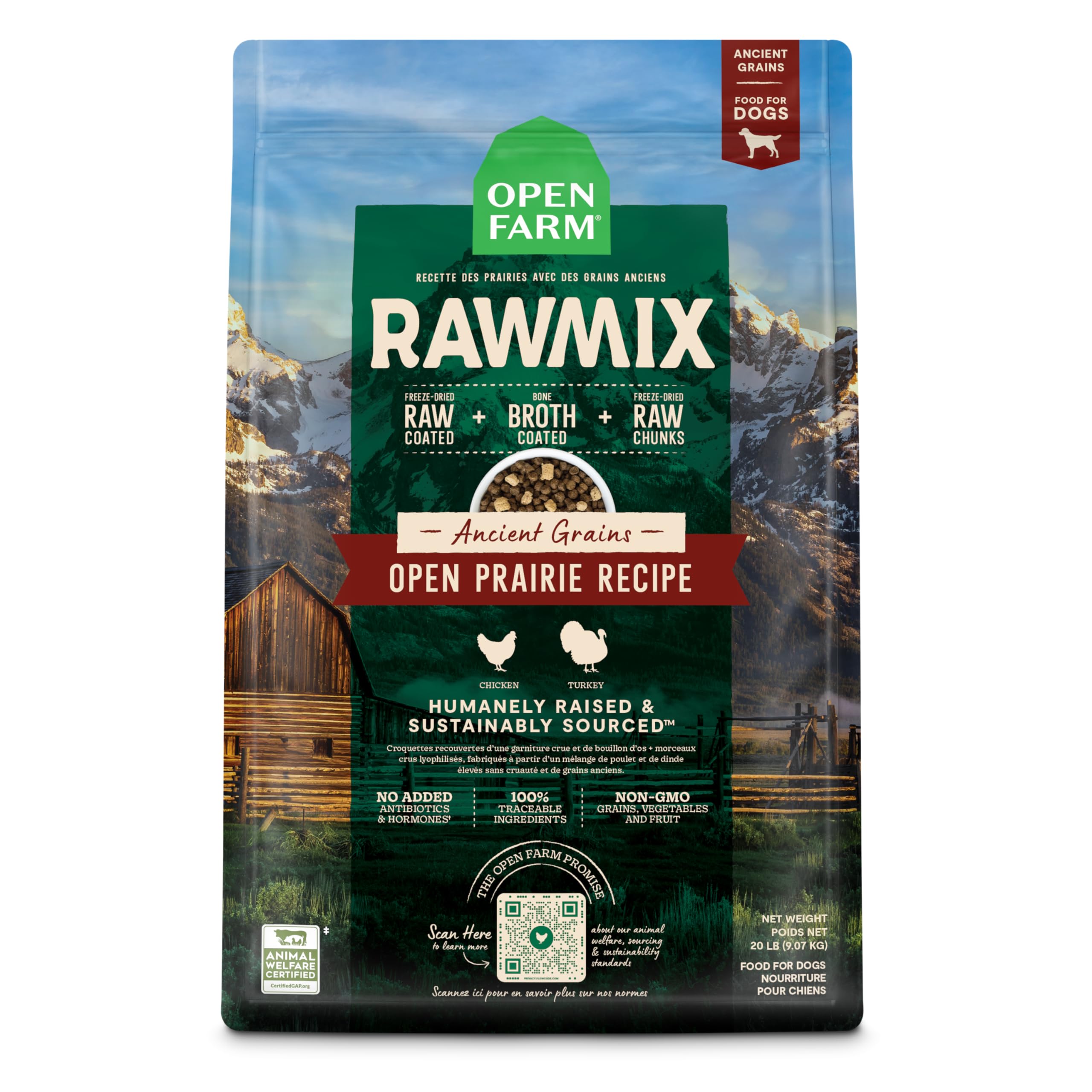 Open Farm RawMix Dry Dog Food with Ancient Grains – Open Prairie Recipe (Chicken & Turkey), 20lb