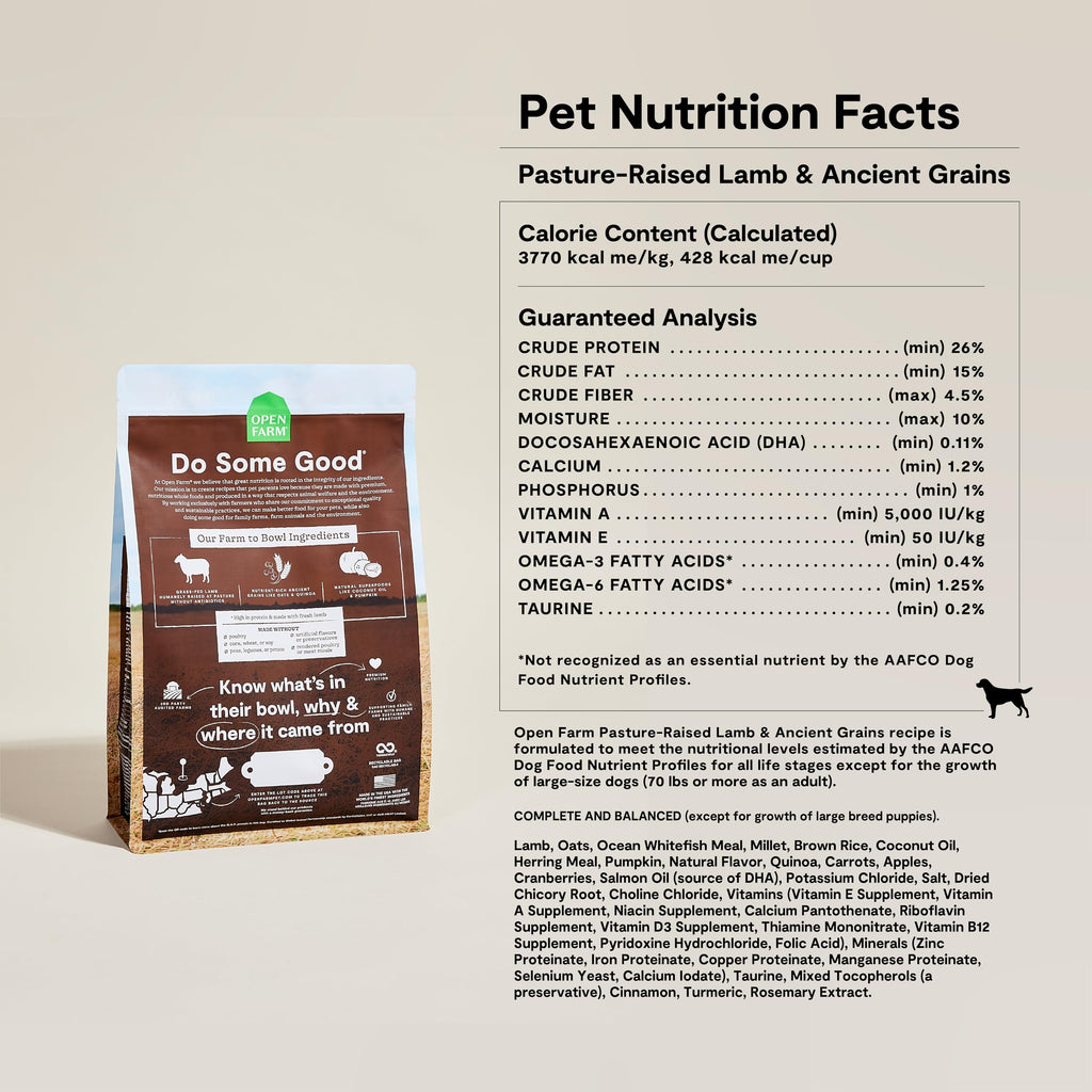 Open Farm Ancient Grains Dry Dog Food — Pasture-Raised Lamb, 90% Animal Protein, 11lb