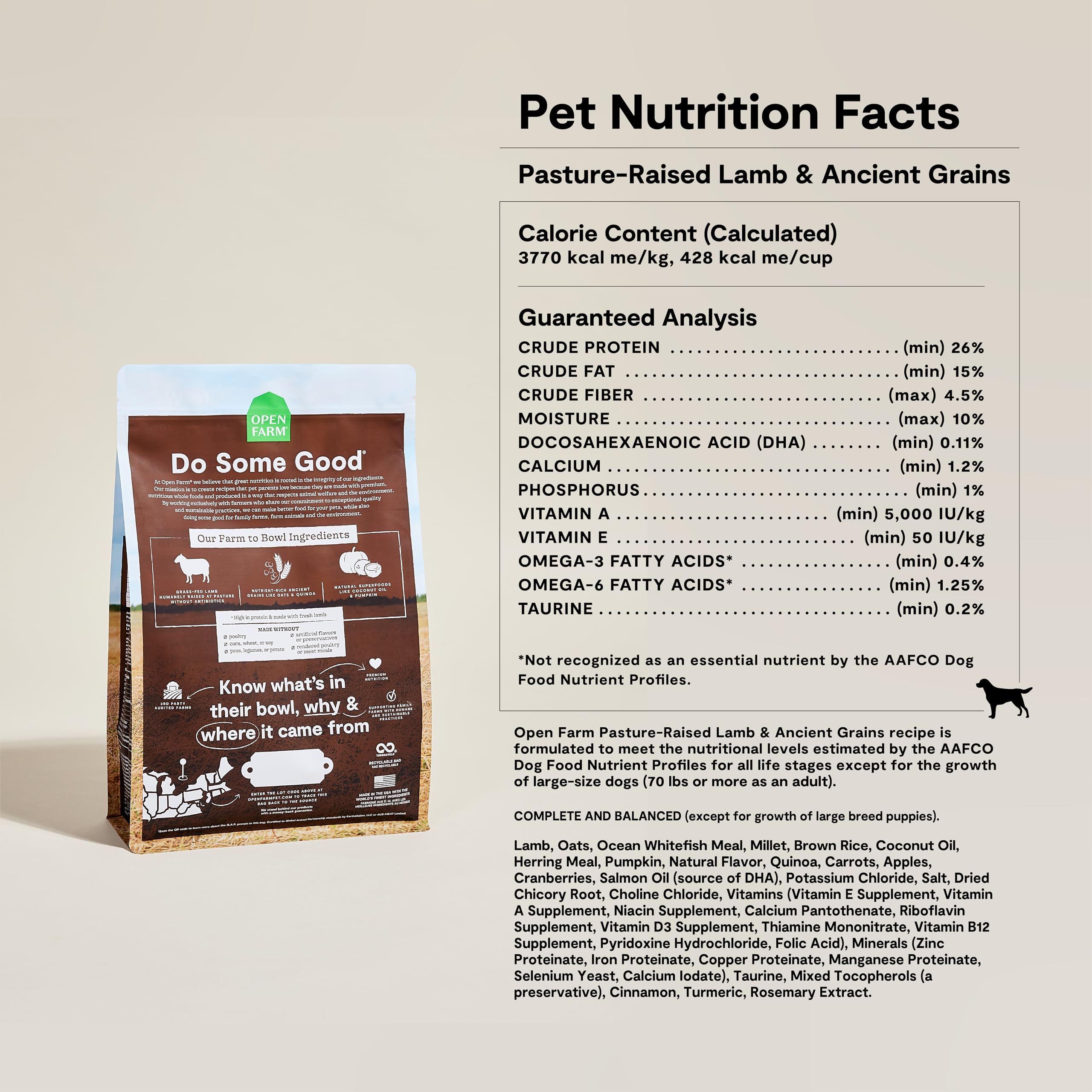 Open Farm Ancient Grains Dry Dog Food — Pasture-Raised Lamb, 90% Animal Protein, 11lb