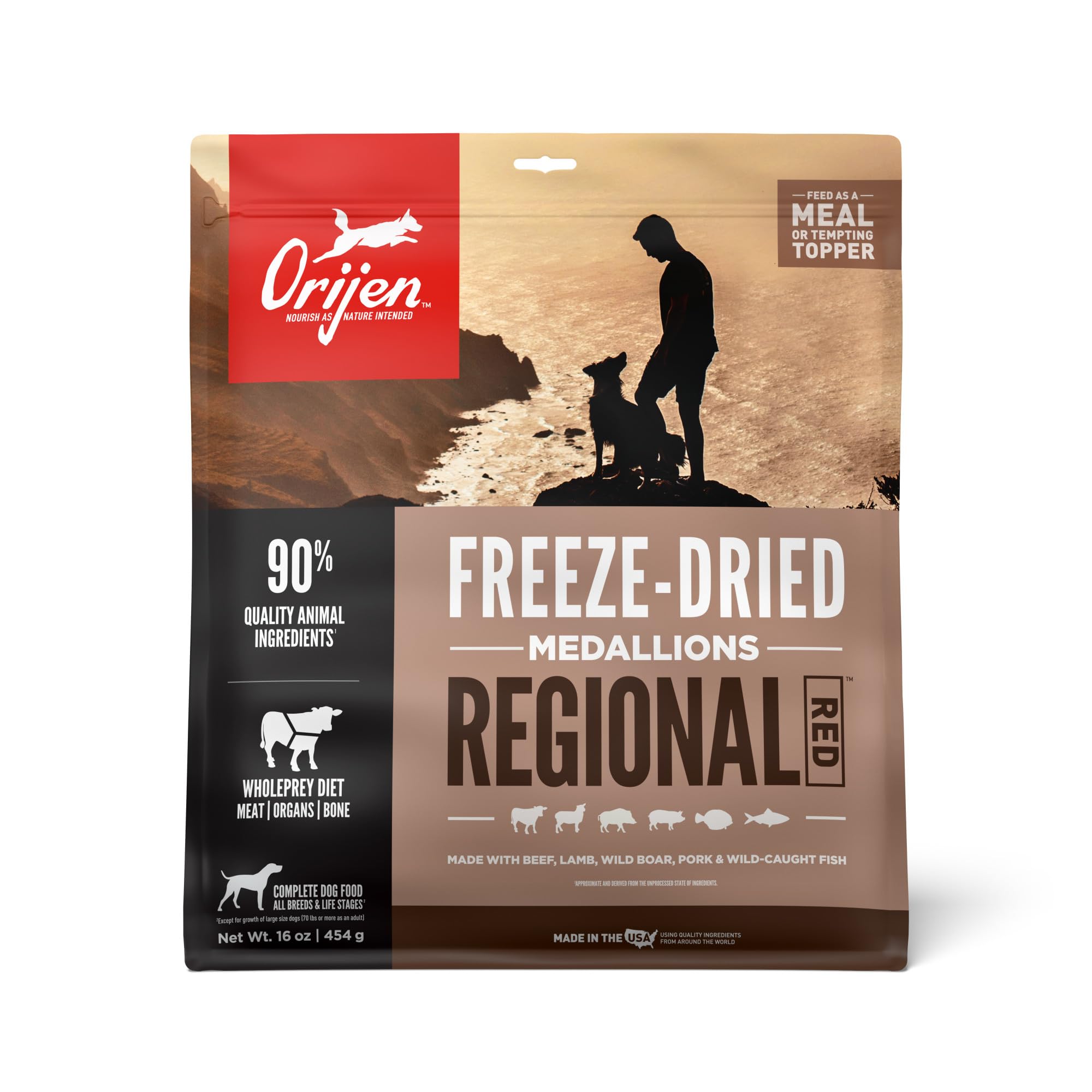 ORIJEN Regional Red Freeze Dried Medallions – High-Protein, Grain-Free Dog Food & Topper (16 oz)